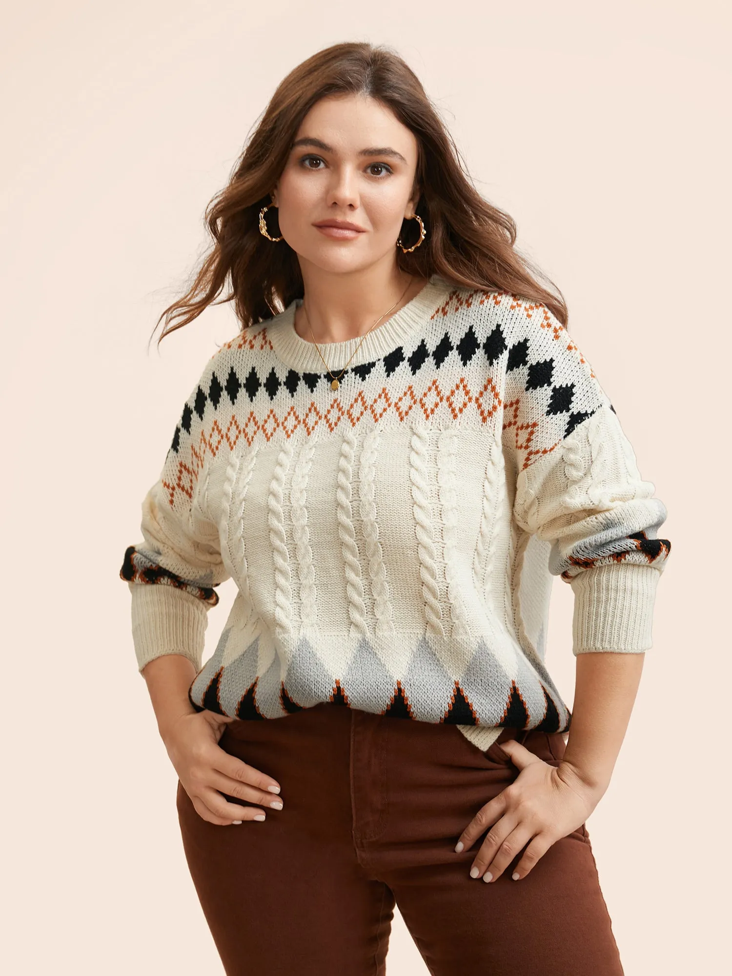Fair Isle Crew Neck Split Hem Pullover sold by Bloomchic