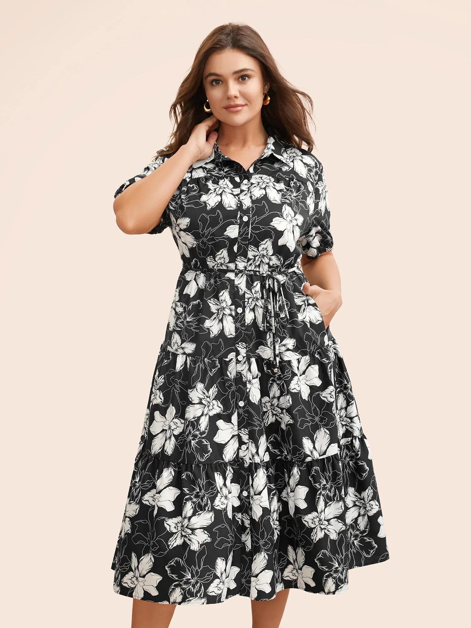 Floral Shirt Collar Belted Midi Dress sold by Bloomchic product image thumbnail 4