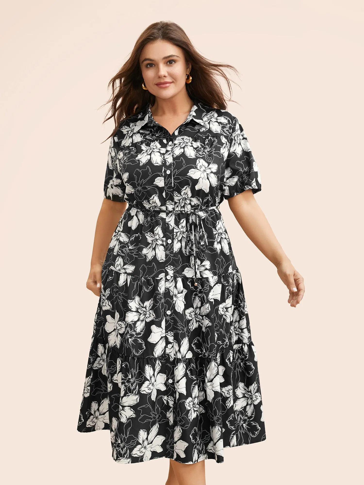 Floral Shirt Collar Belted Midi Dress sold by Bloomchic