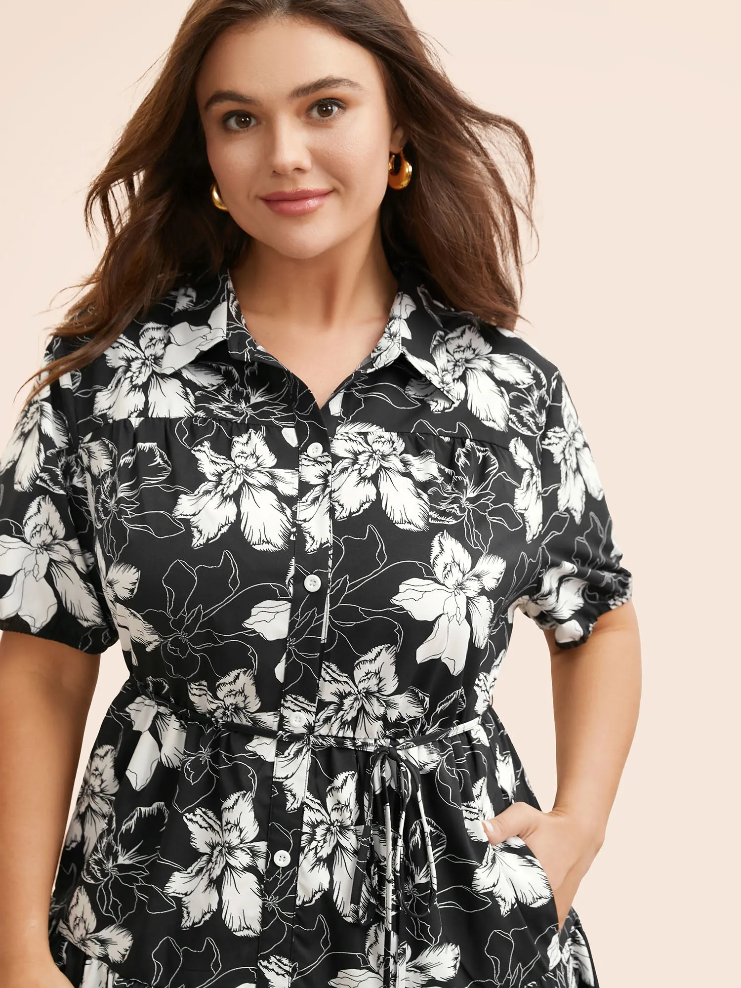 Floral Shirt Collar Belted Midi Dress sold by Bloomchic product image thumbnail 3