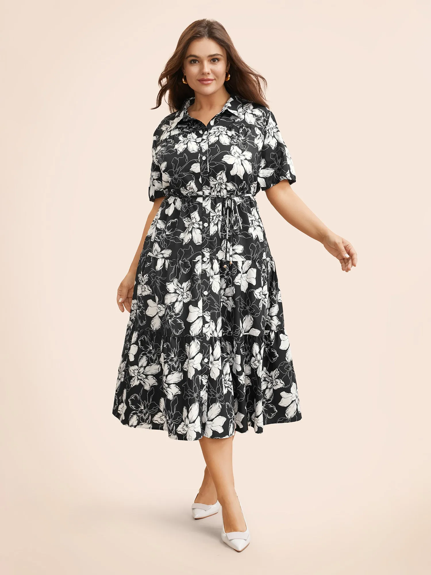 Floral Shirt Collar Belted Midi Dress sold by Bloomchic product image thumbnail 2