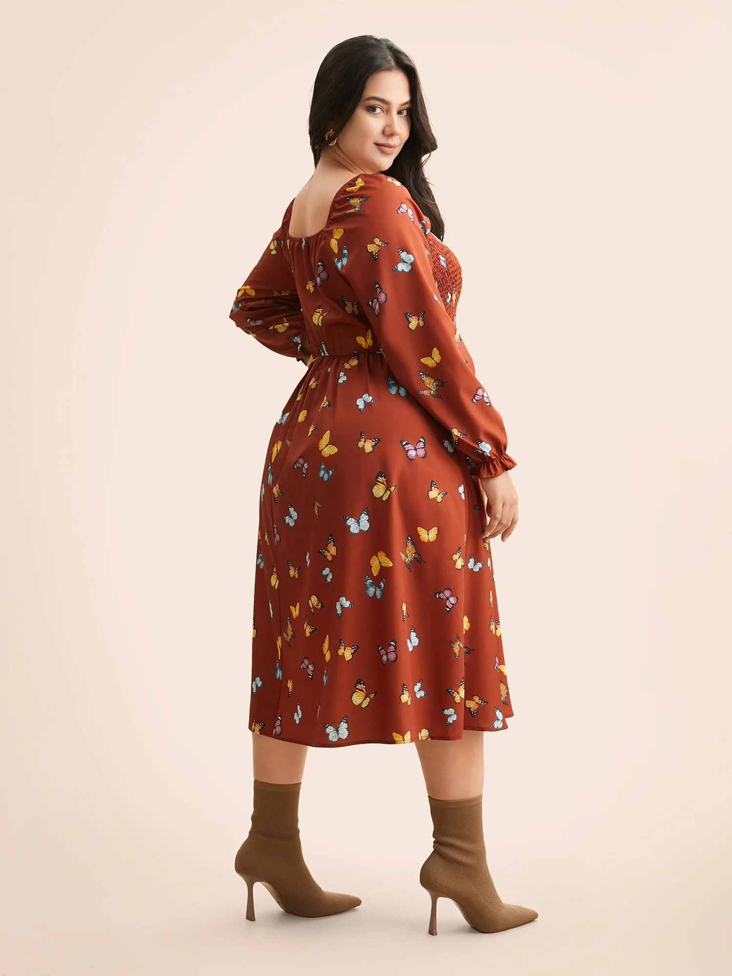 Heart Neckline Butterfly Print Shirred Dress sold by Bloomchic product image thumbnail 4