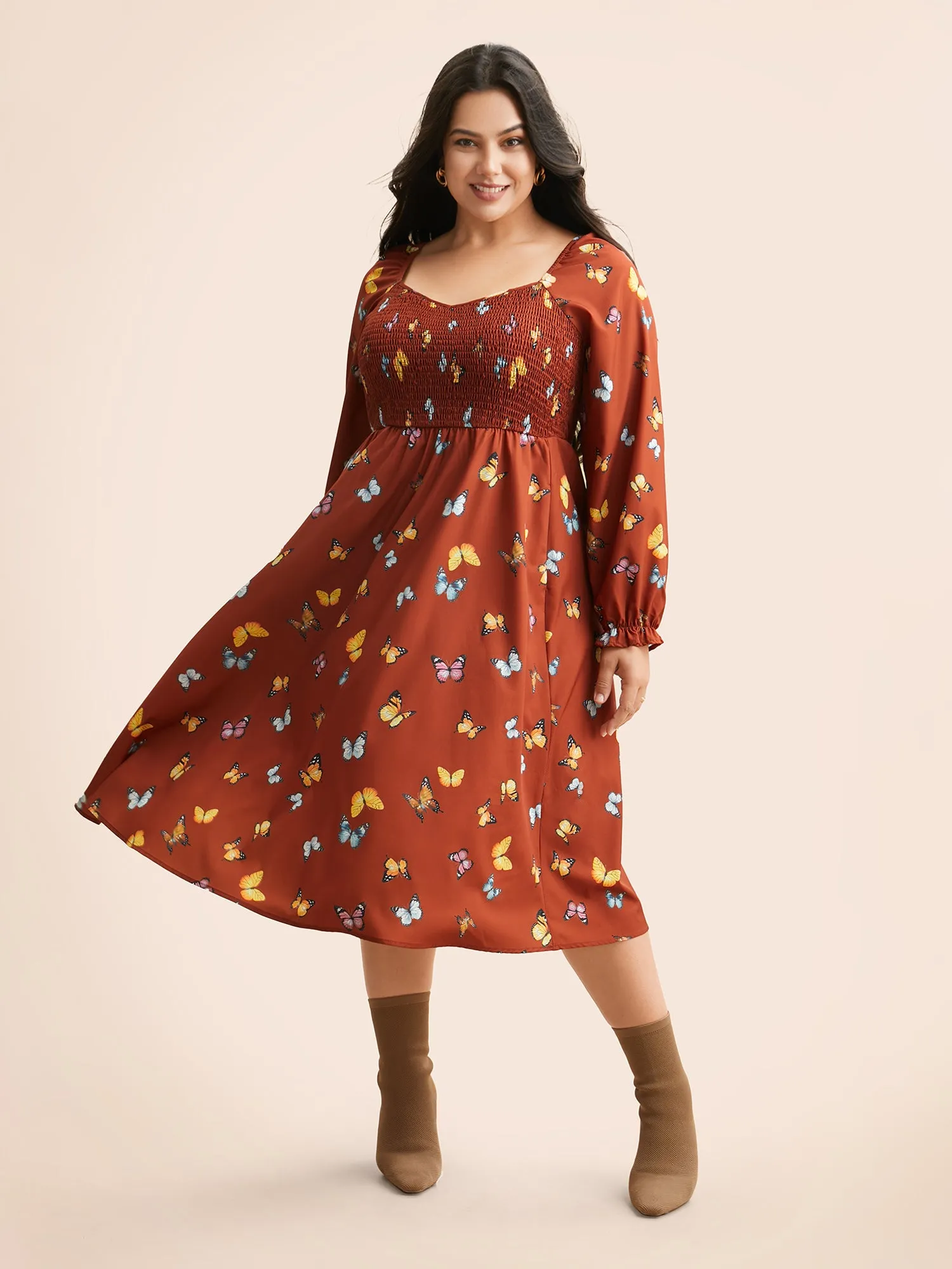 Heart Neckline Butterfly Print Shirred Dress sold by Bloomchic product image thumbnail 2