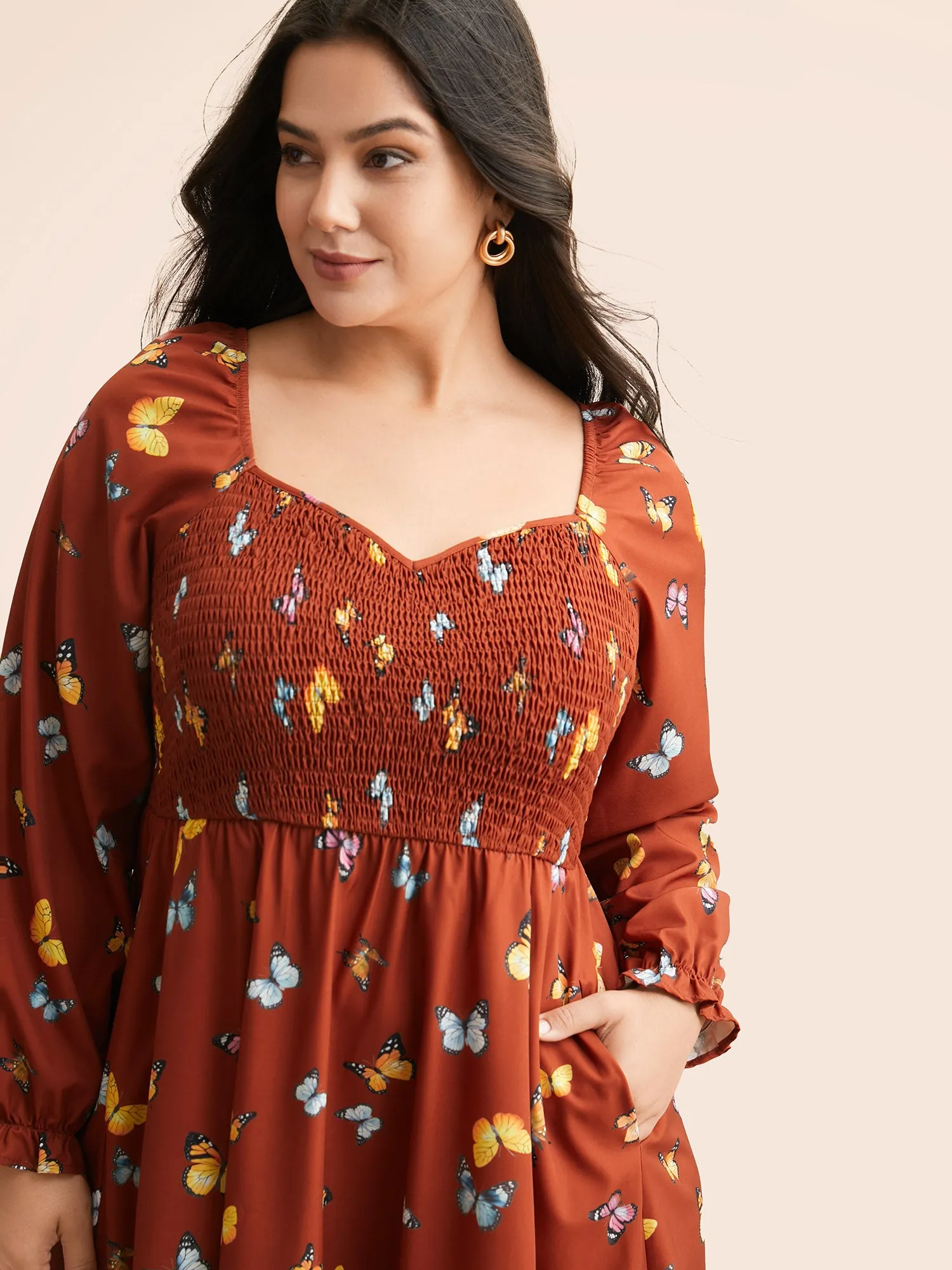 Heart Neckline Butterfly Print Shirred Dress sold by Bloomchic product image thumbnail 3