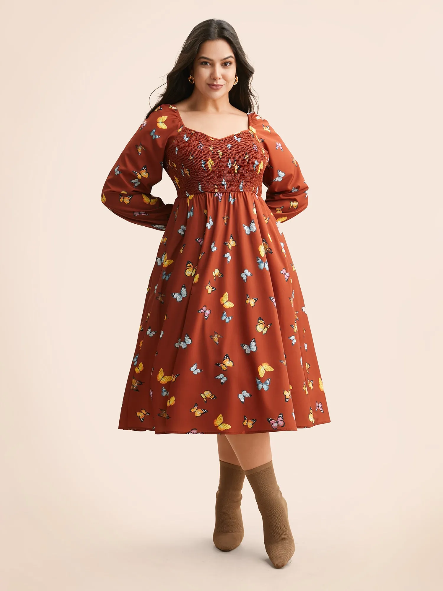 Heart Neckline Butterfly Print Shirred Dress sold by Bloomchic
