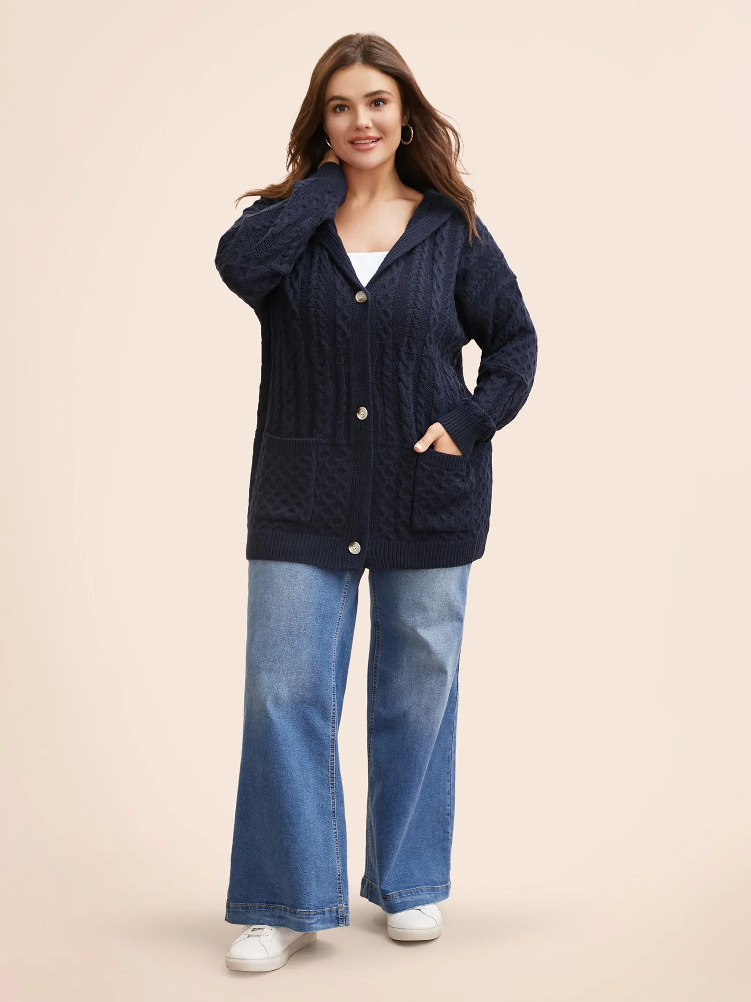 Solid Cable Knit Hooded Cardigan sold by Bloomchic product image thumbnail 4