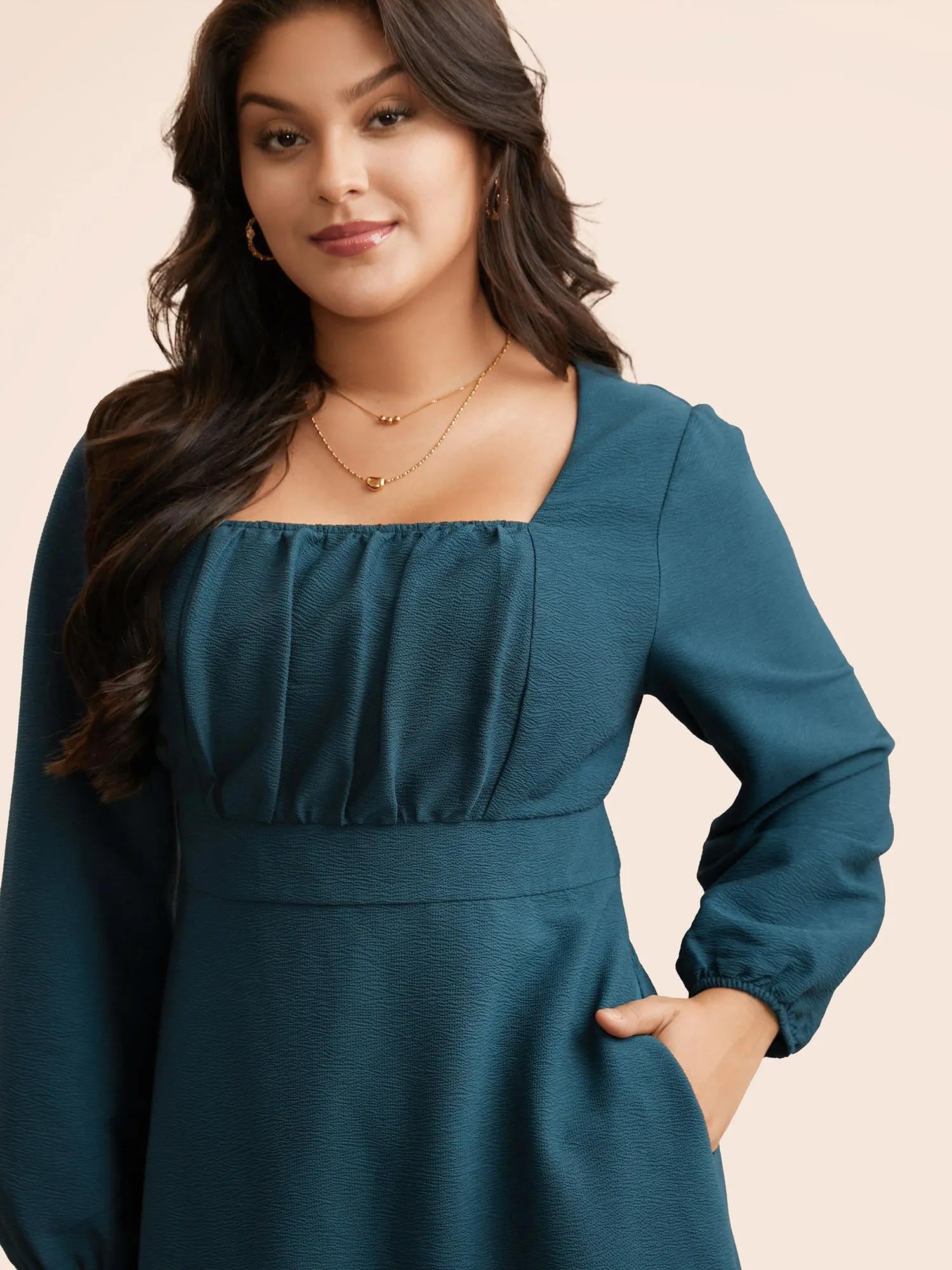 Square Neck Textured Gathered Dress sold by Bloomchic product image thumbnail 4