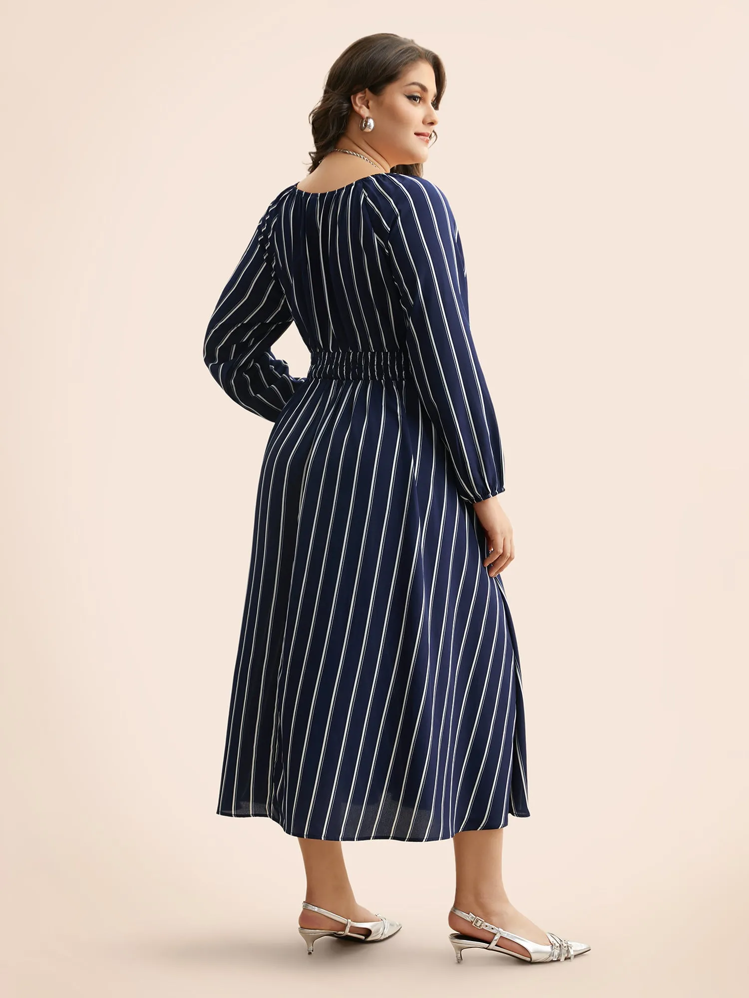 Striped Shirred Lantern Sleeve Maxi Dress sold by Bloomchic product image thumbnail 4