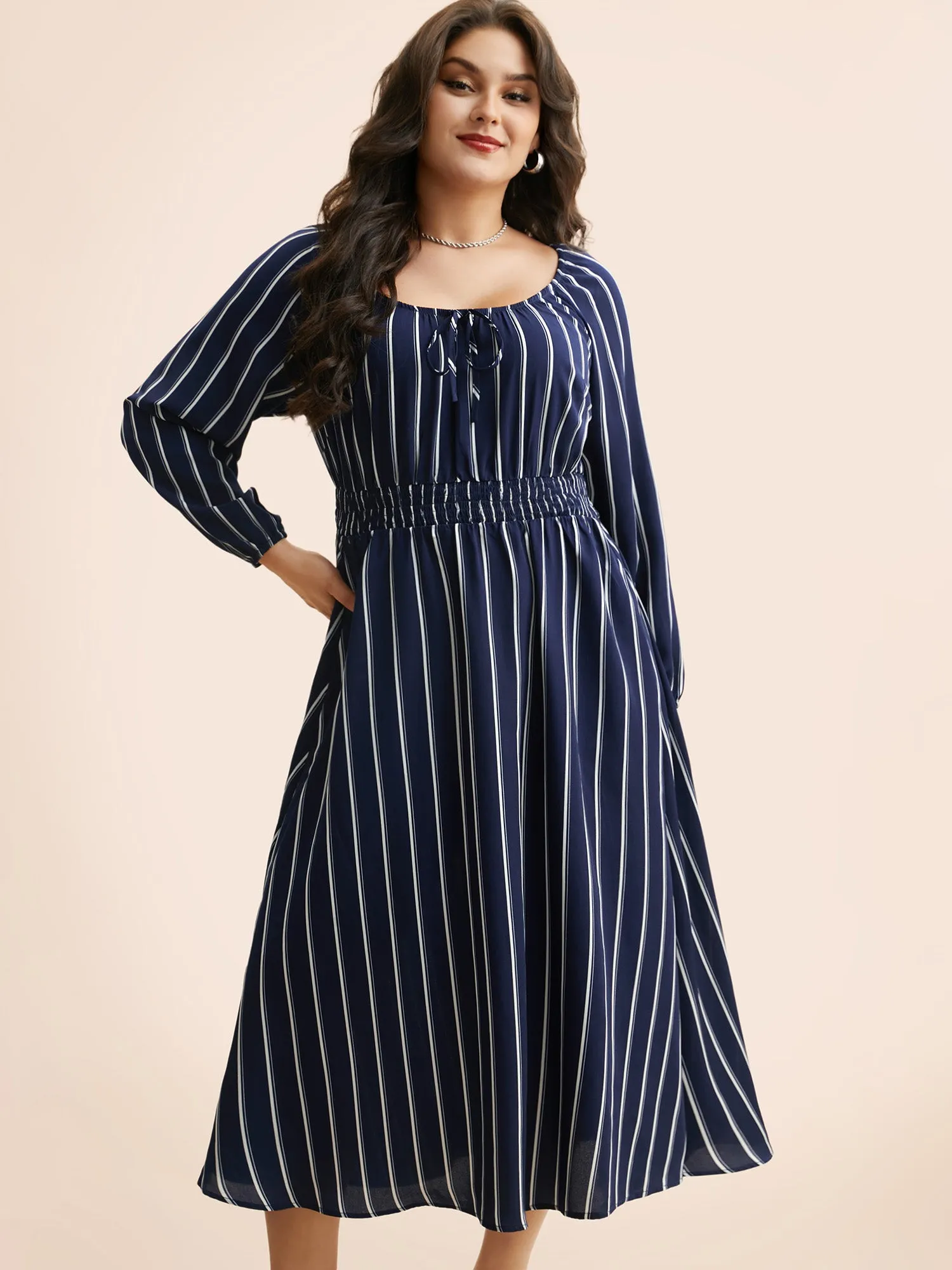 Striped Shirred Lantern Sleeve Maxi Dress sold by Bloomchic product image thumbnail 3