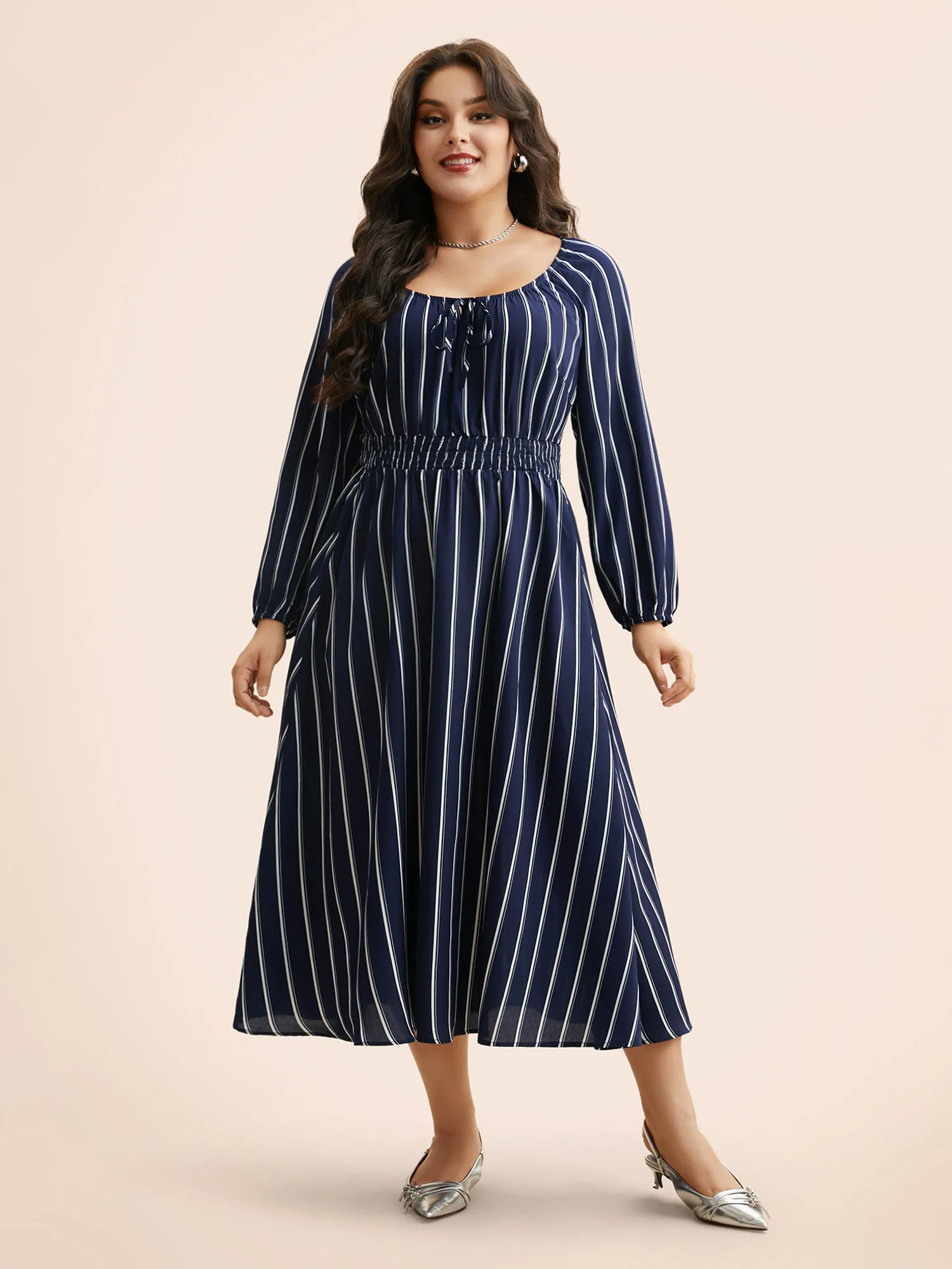 Striped Shirred Lantern Sleeve Maxi Dress sold by Bloomchic