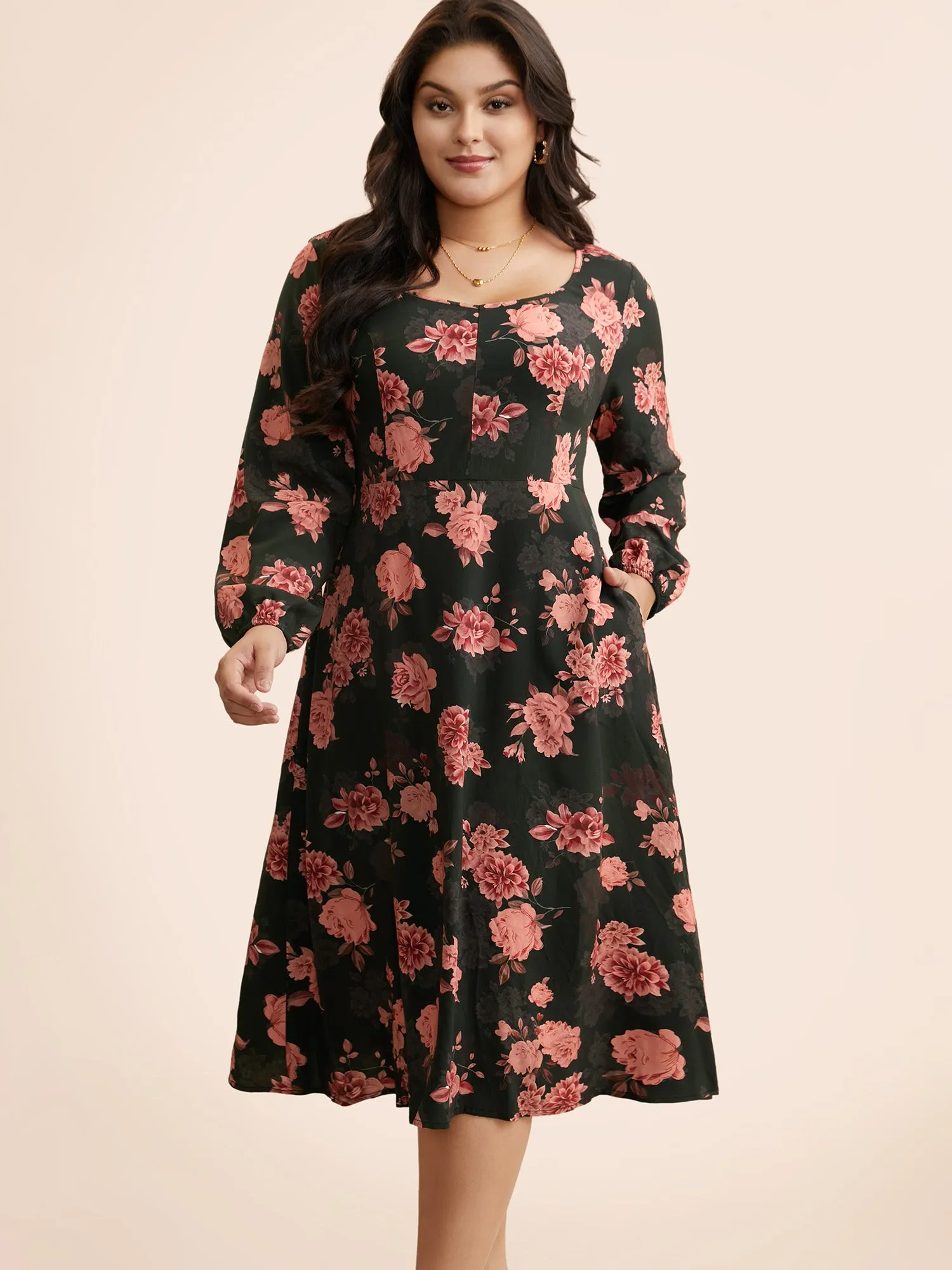 Floral Lantern Sleeve Shirred Pocket Dress sold by Bloomchic product image thumbnail 2