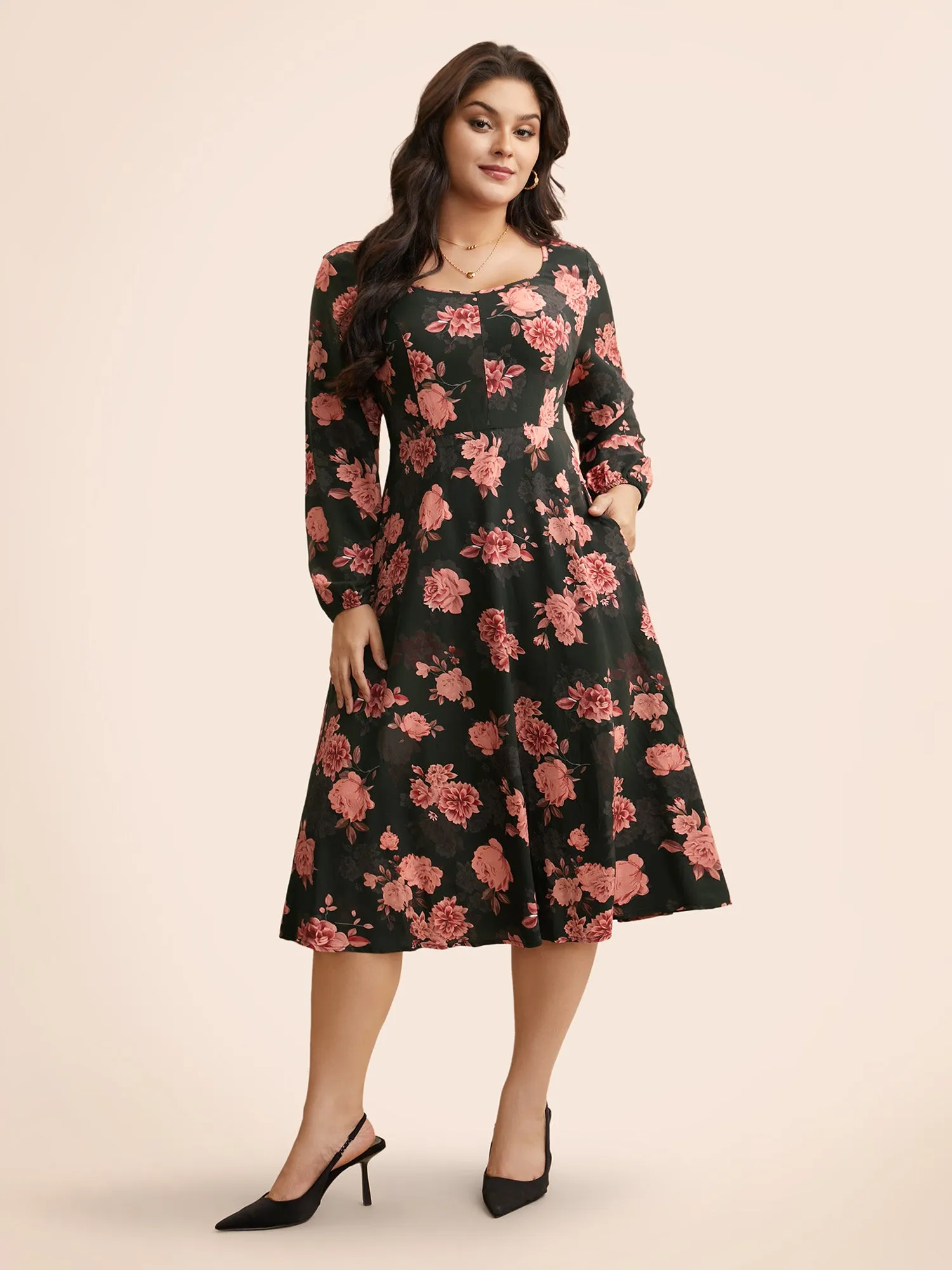 Floral Lantern Sleeve Shirred Pocket Dress sold by Bloomchic