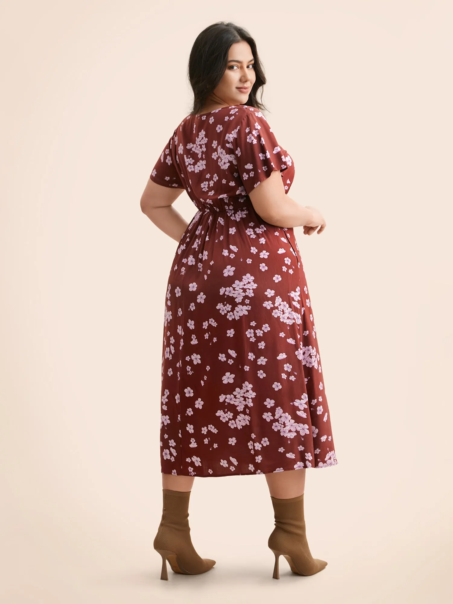 Floral V Neck Gathered Midi Dress sold by Bloomchic product image thumbnail 5