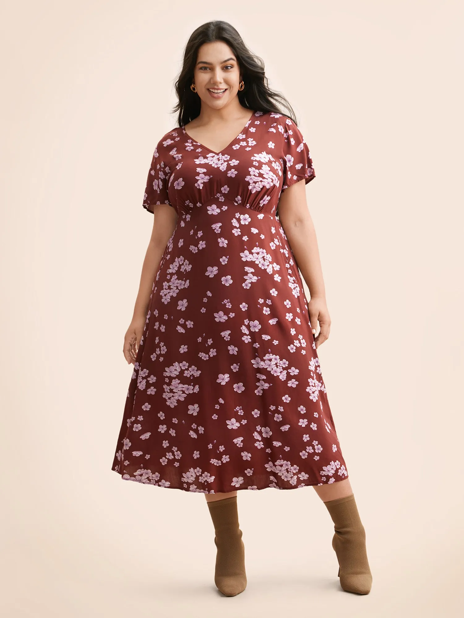 Floral V Neck Gathered Midi Dress sold by Bloomchic product image thumbnail 4