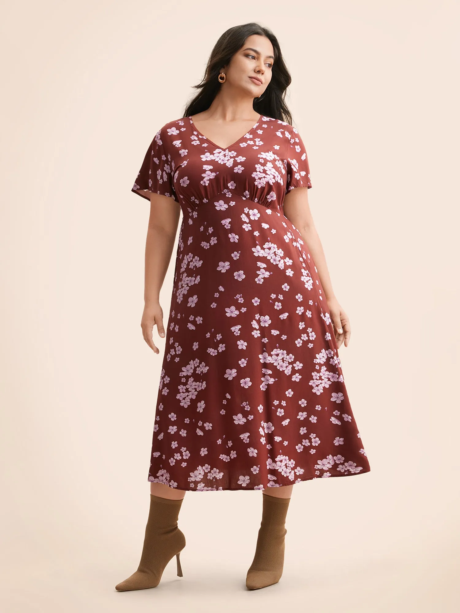 Floral V Neck Gathered Midi Dress sold by Bloomchic