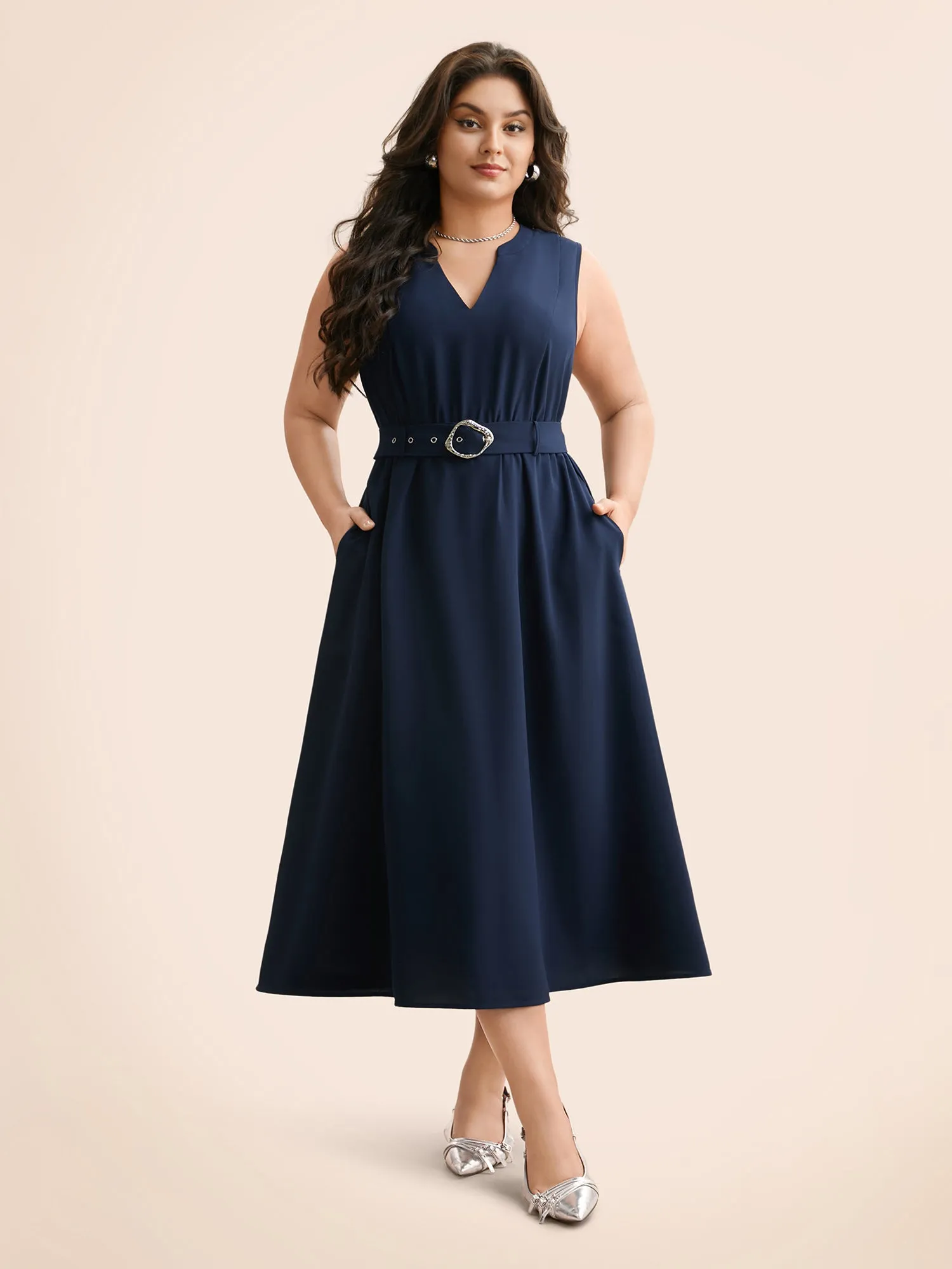 Notched Collar Belted Tank Dress sold by Bloomchic