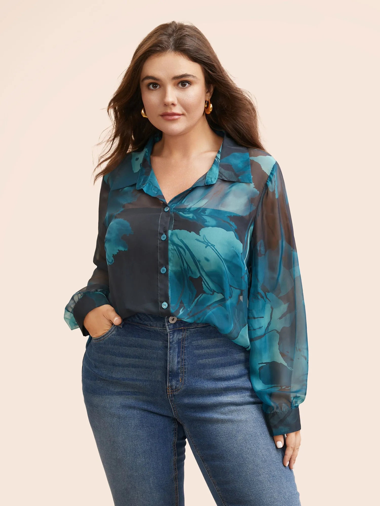 Watercolor Floral Mesh Shirt Collar Blouse sold by Bloomchic