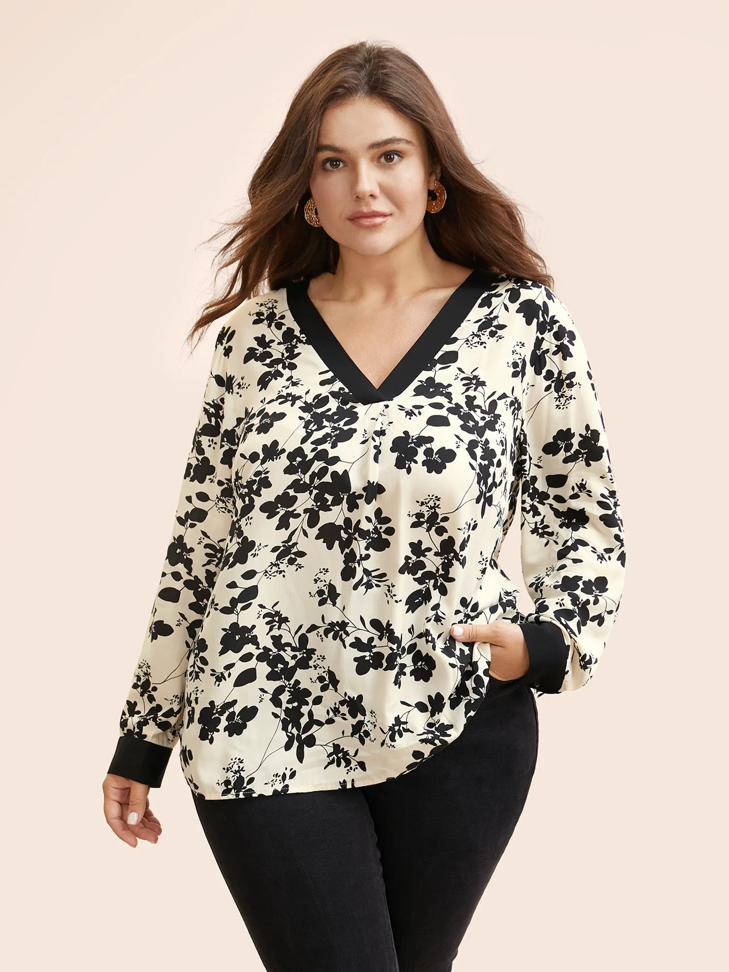 Floral Contrast V Neck Pleated Blouse sold by Bloomchic