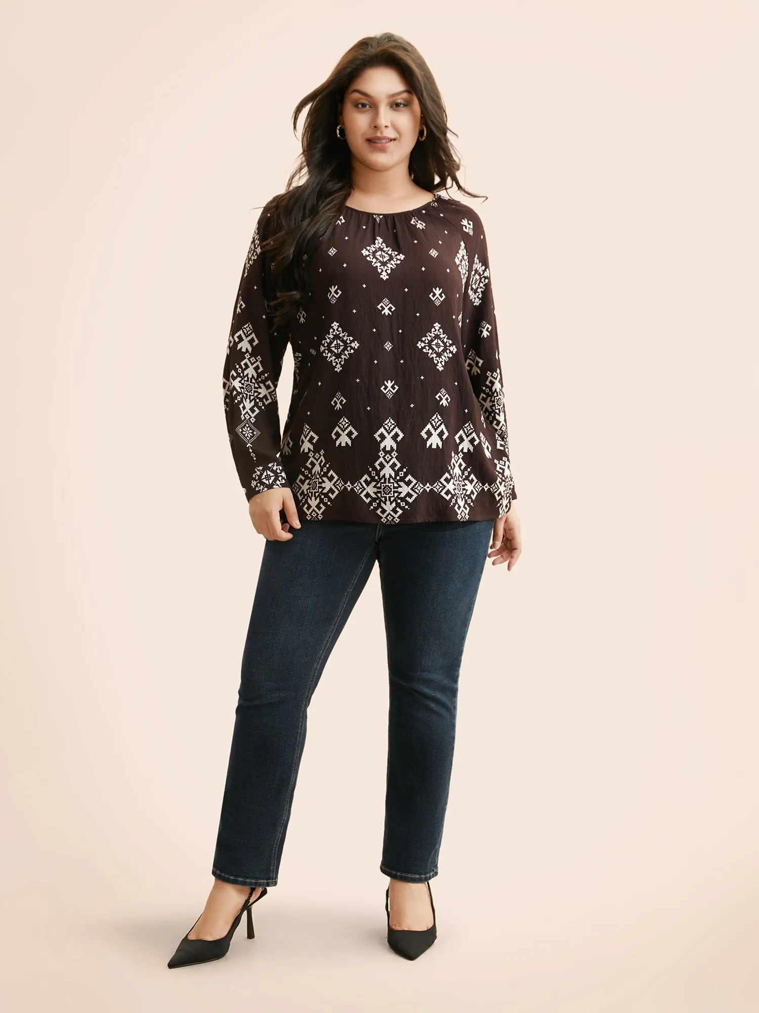 Bandana Geometric Crew Neck Gathered Blouse sold by Bloomchic product image thumbnail 2