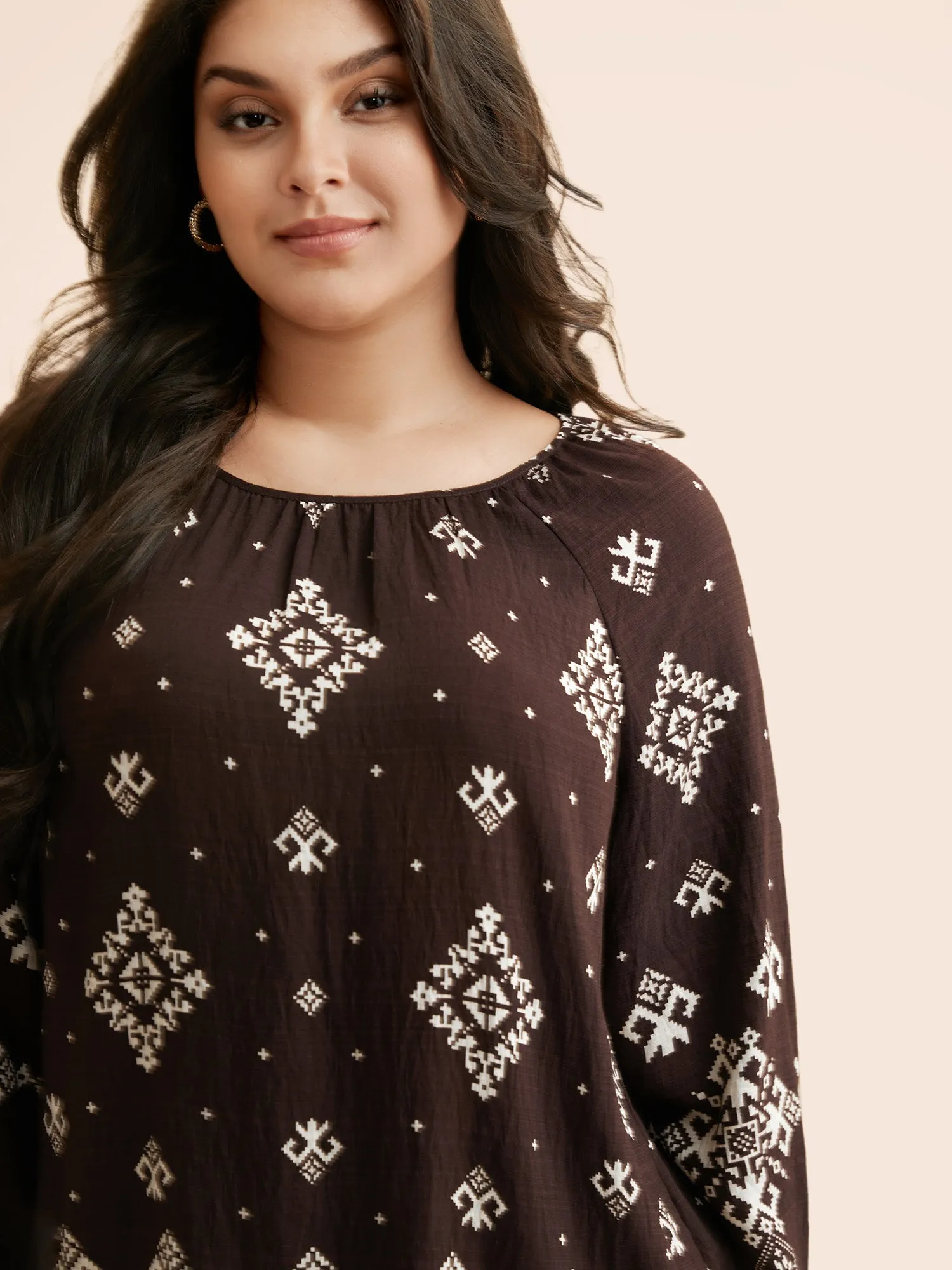Bandana Geometric Crew Neck Gathered Blouse sold by Bloomchic product image thumbnail 3