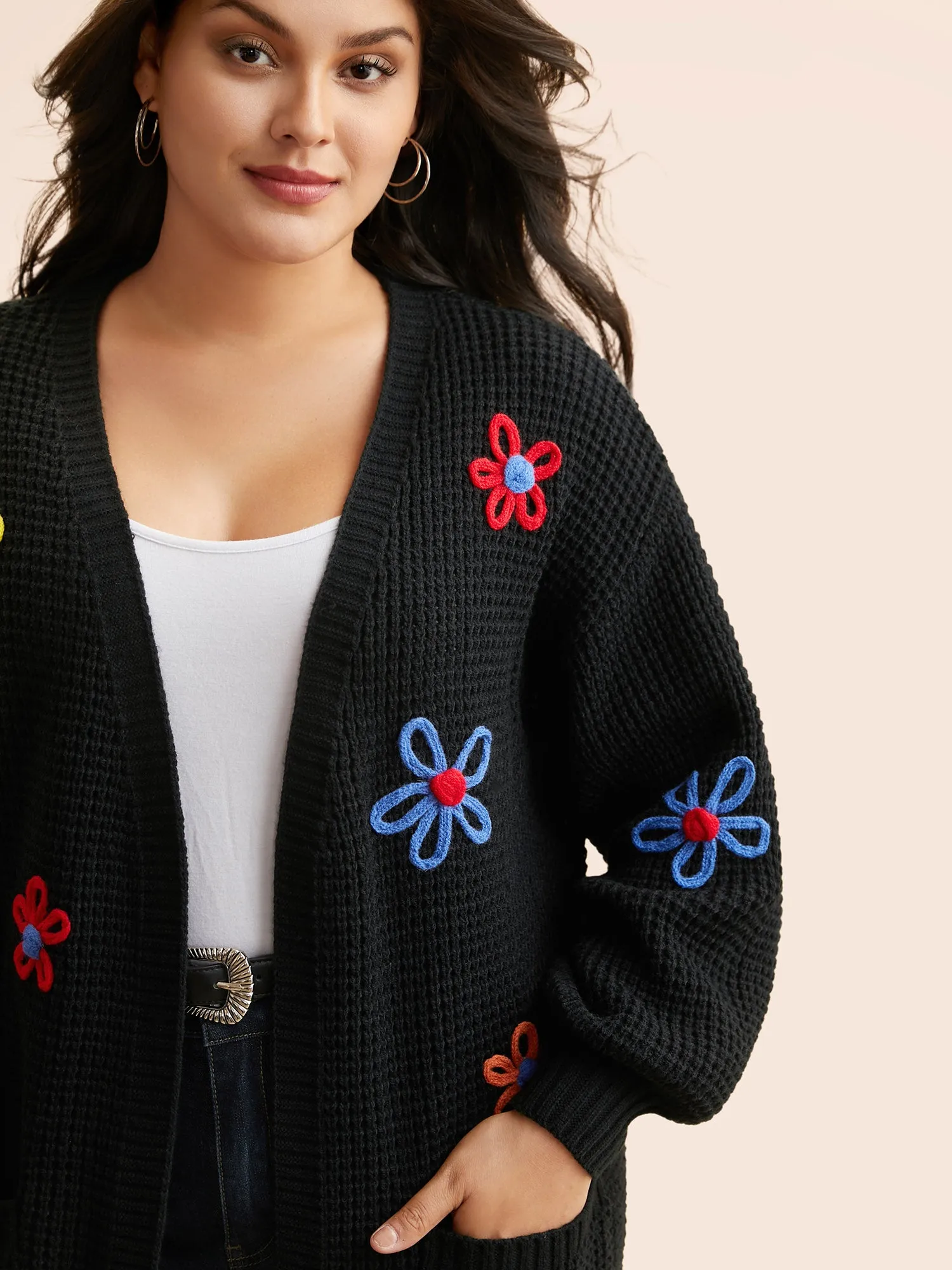Crochet Floral Puff Sleeve Pocket Cardigan sold by Bloomchic product image thumbnail 5