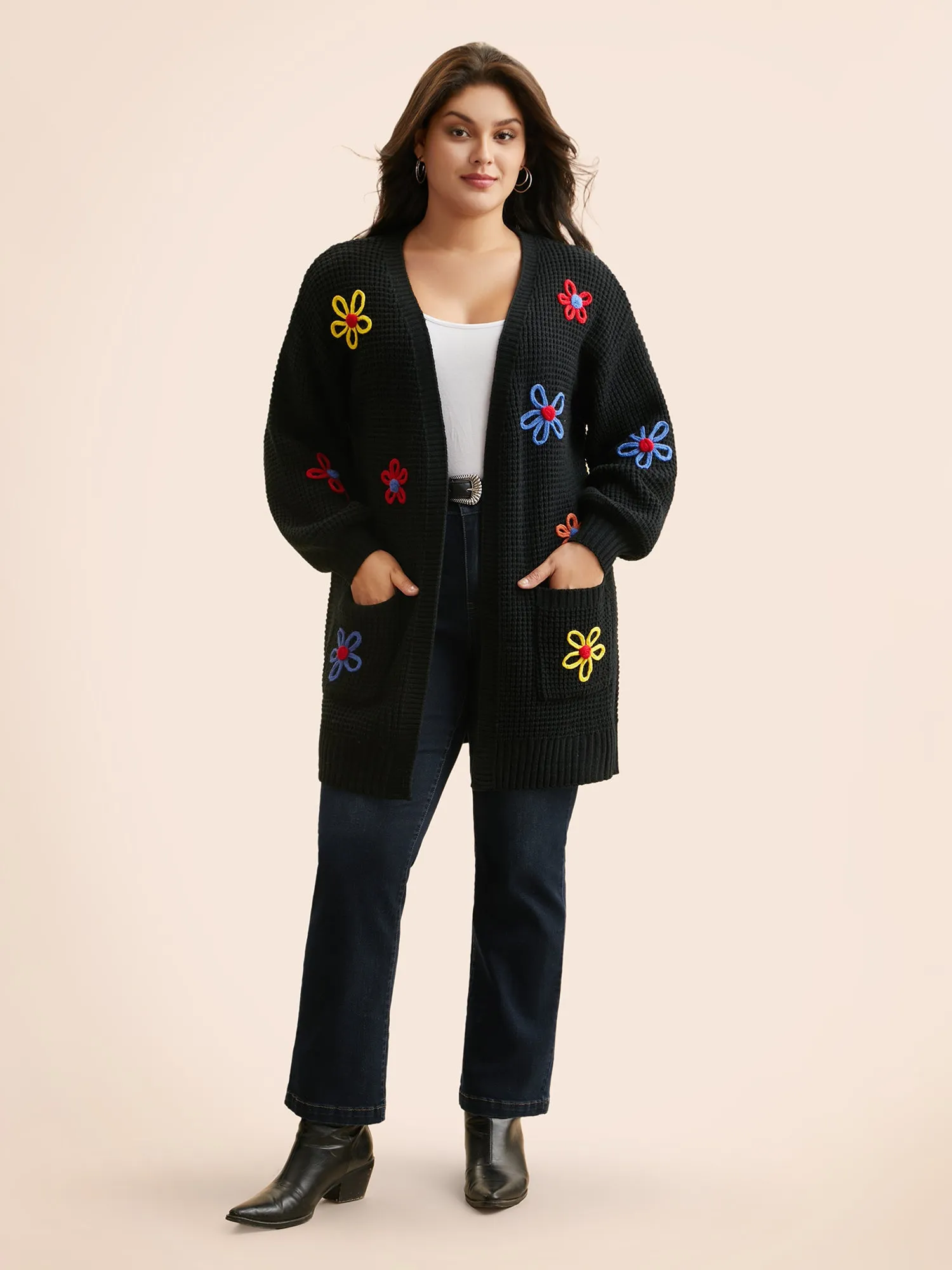 Crochet Floral Puff Sleeve Pocket Cardigan sold by Bloomchic product image thumbnail 3