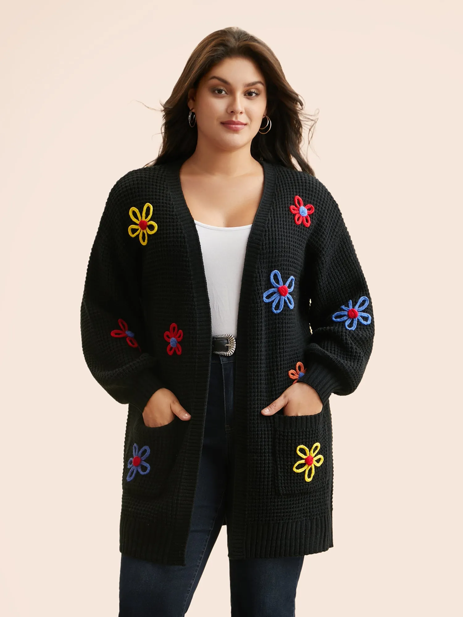 Crochet Floral Puff Sleeve Pocket Cardigan sold by Bloomchic