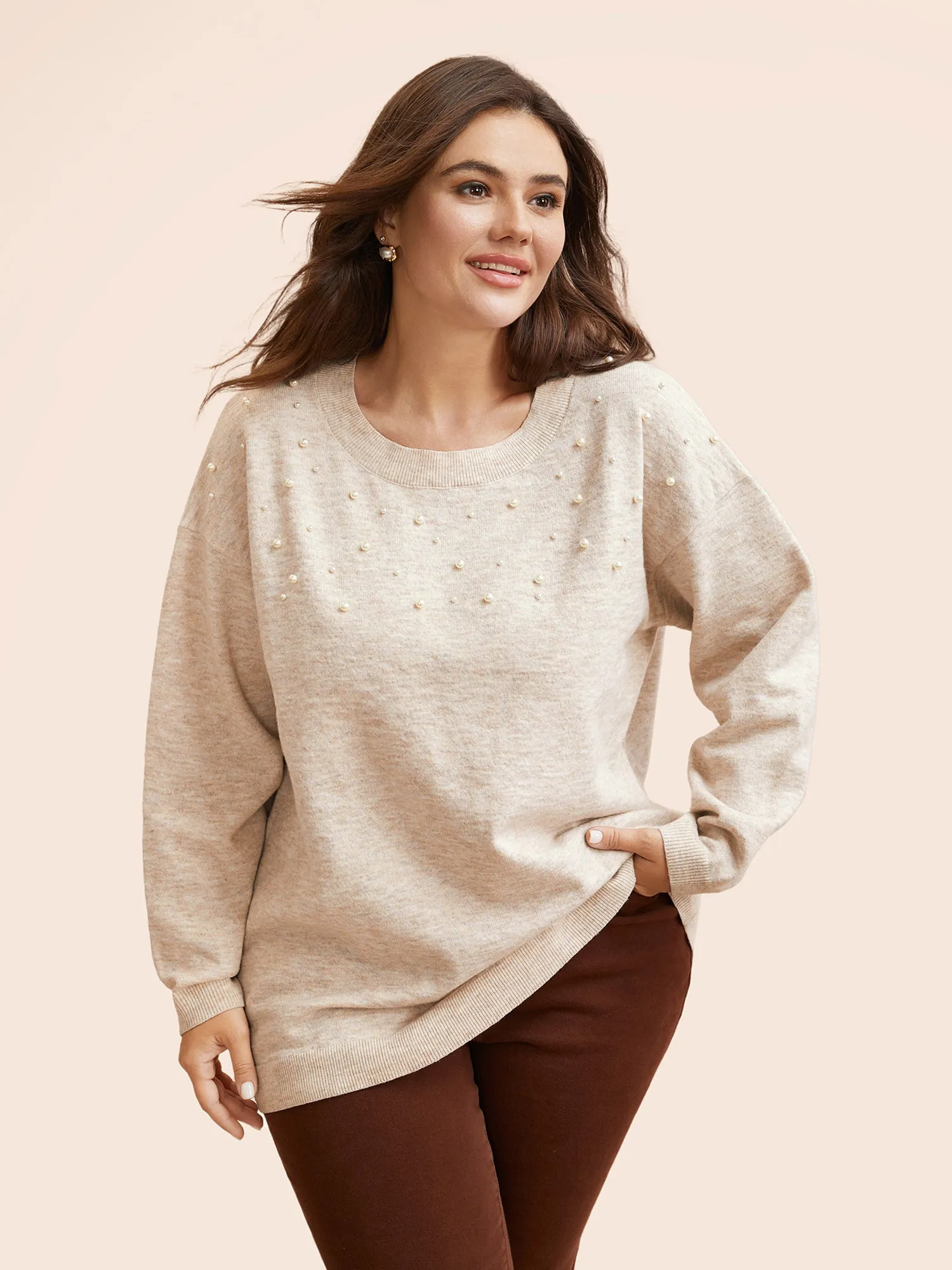 Round Neck Pearl Beaded Pullover sold by Bloomchic