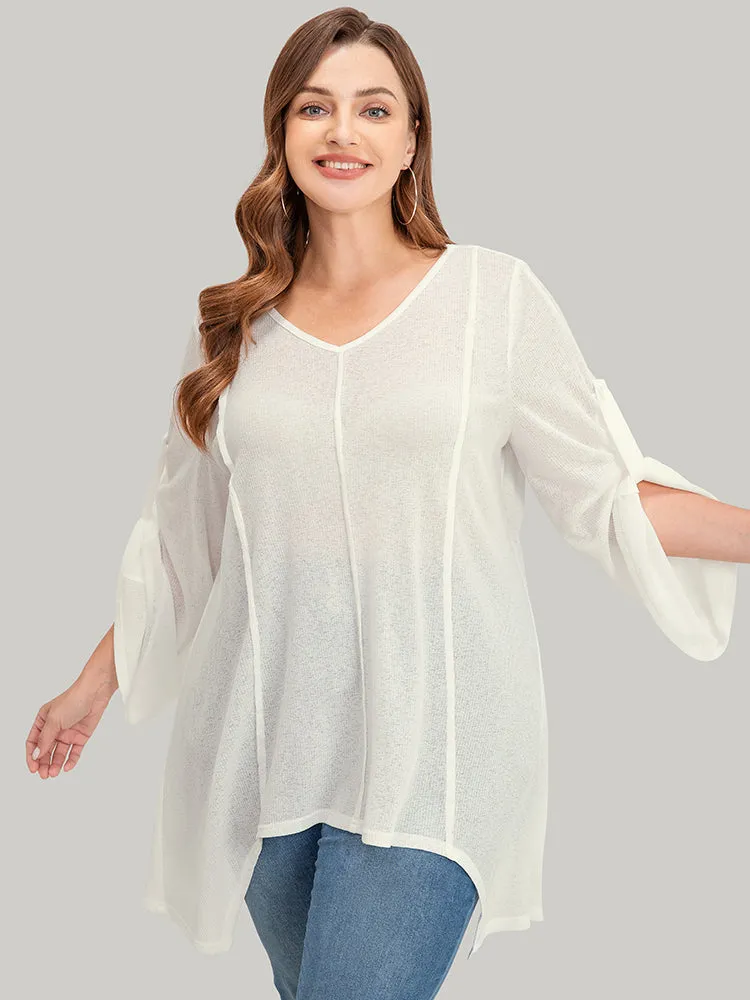 Solid Asymmetrical Hem Cuffed Sleeve Rib Knit T-shirt sold by Bloomchic product image thumbnail 2