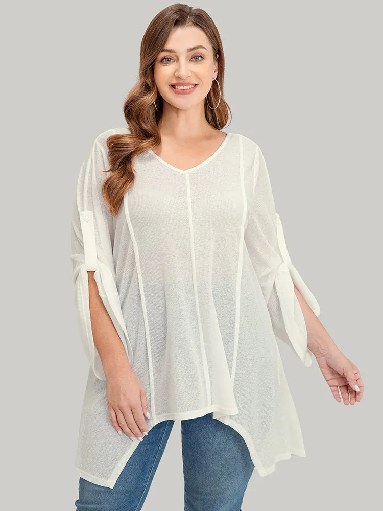 Solid Asymmetrical Hem Cuffed Sleeve Rib Knit T-shirt sold by Bloomchic