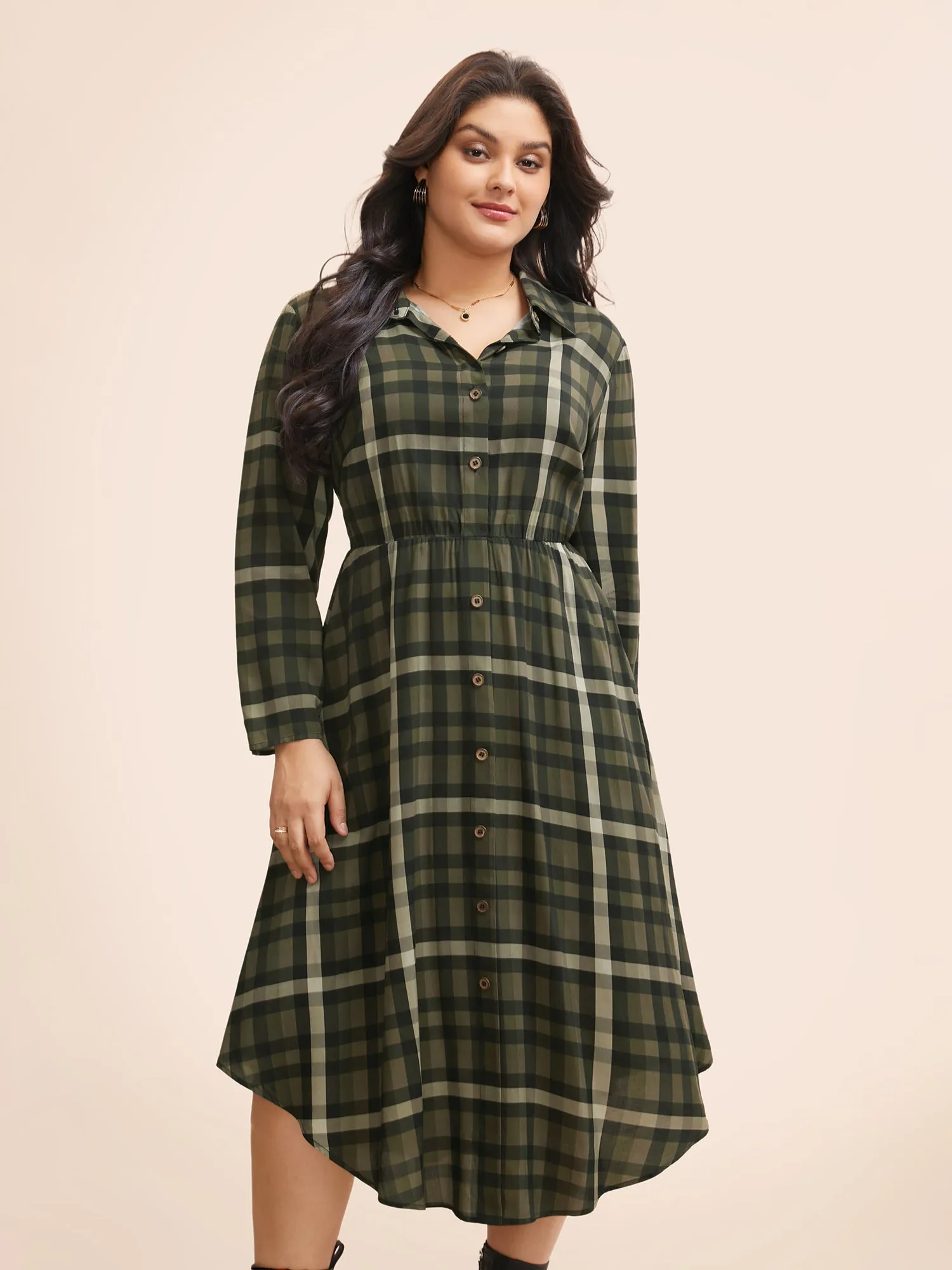 Plaid Shirt Collar Curved Hem Dress sold by Bloomchic product image thumbnail 2