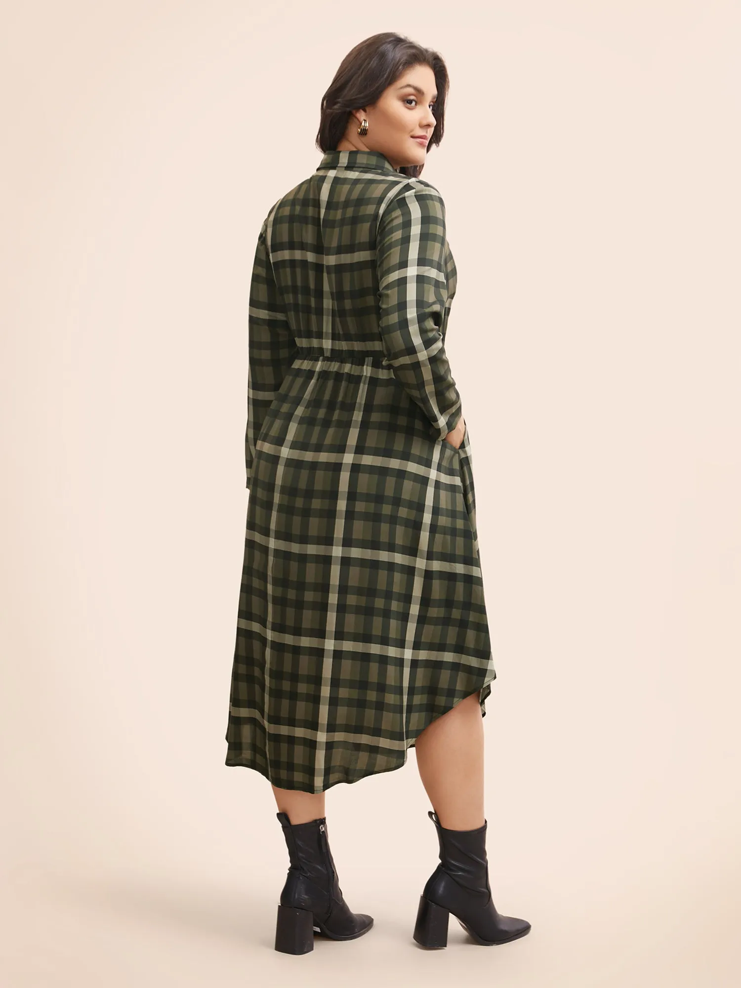 Plaid Shirt Collar Curved Hem Dress sold by Bloomchic product image thumbnail 4