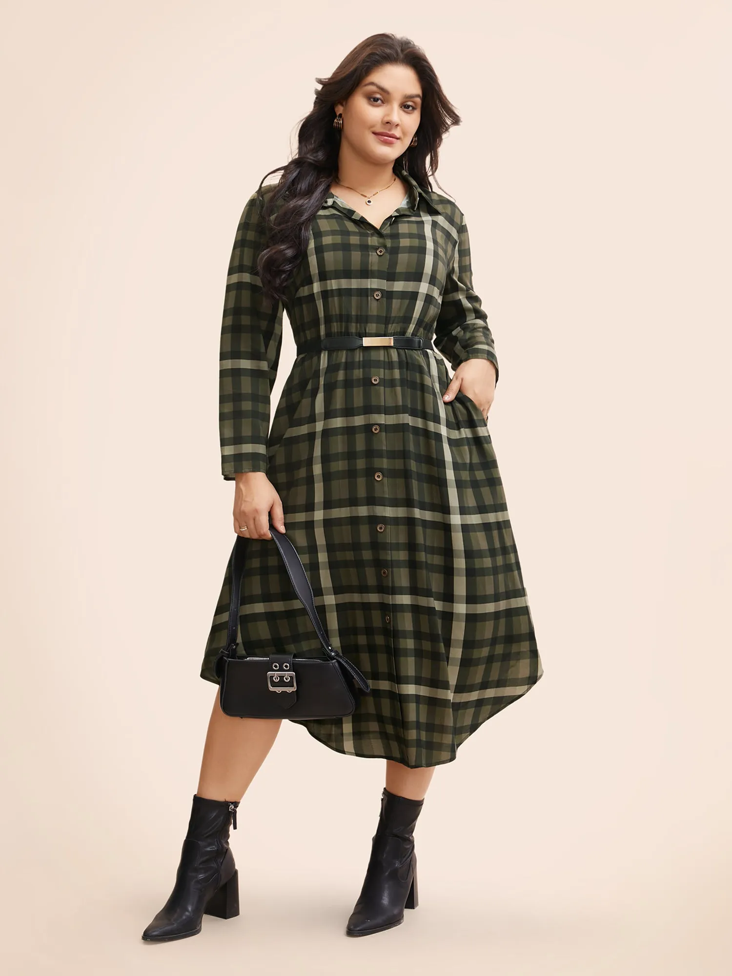 Plaid Shirt Collar Curved Hem Dress sold by Bloomchic