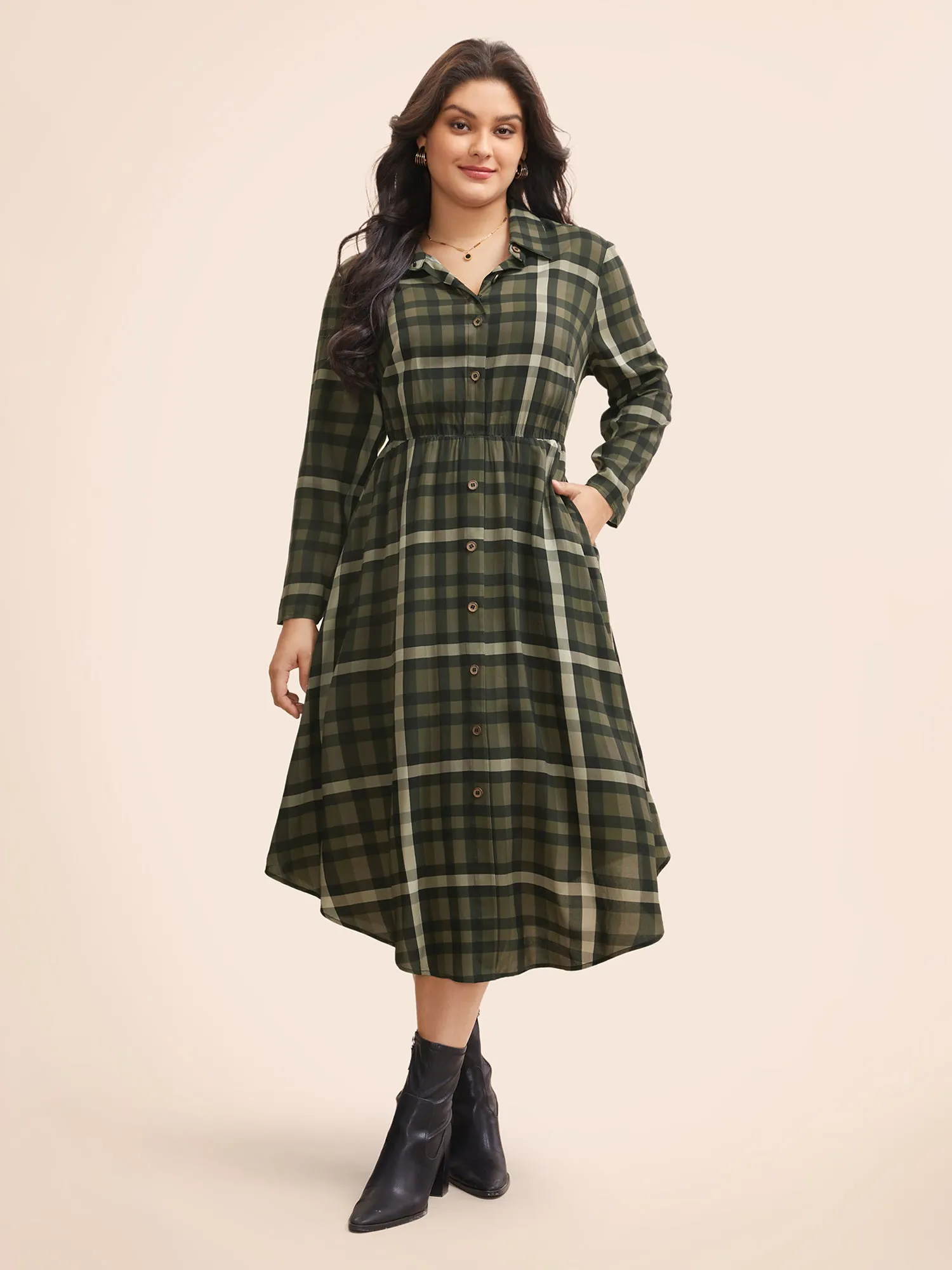 Plaid Shirt Collar Curved Hem Dress sold by Bloomchic product image thumbnail 3