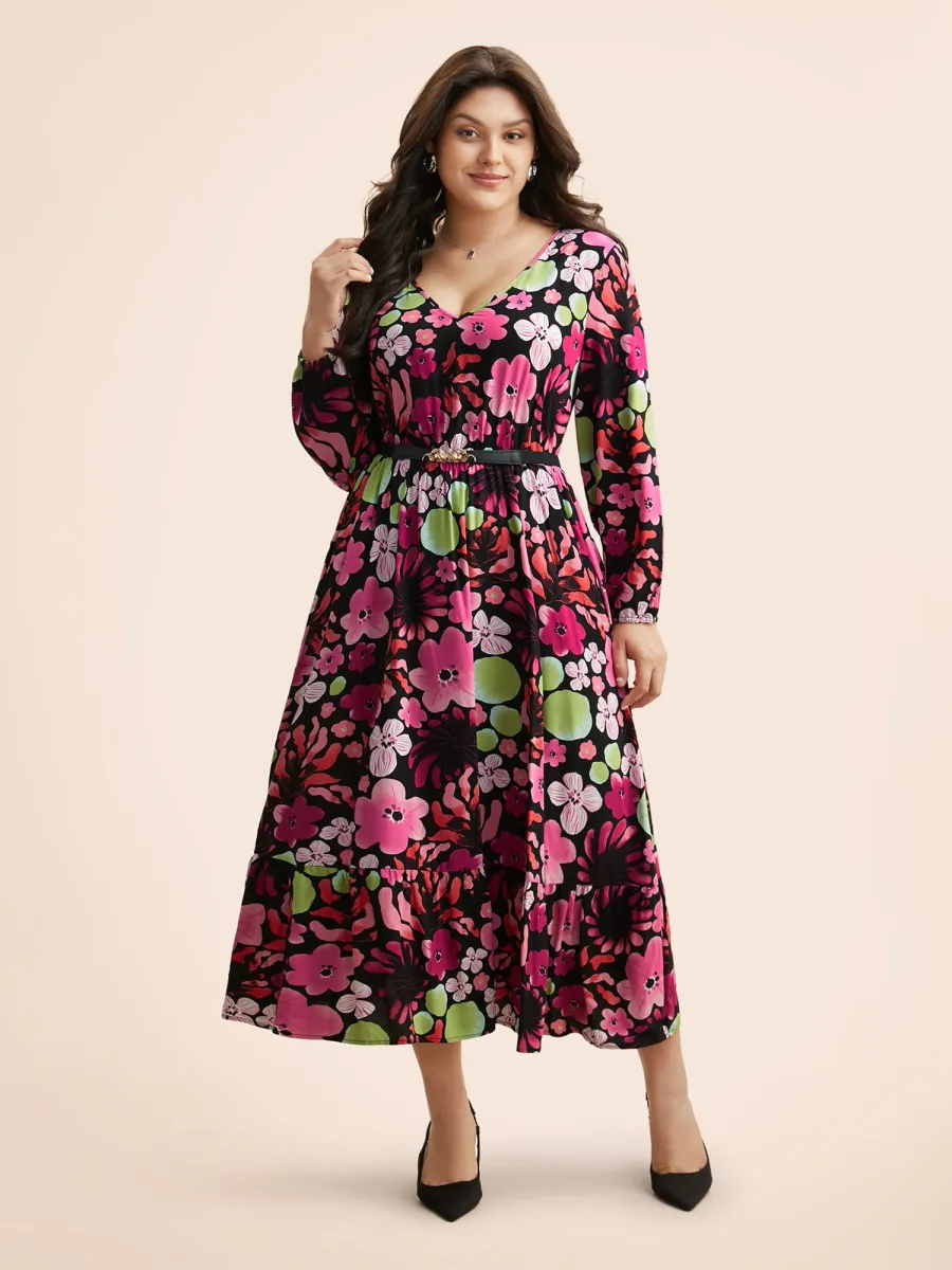 Floral V Neck Lantern Sleeve Dress sold by Bloomchic