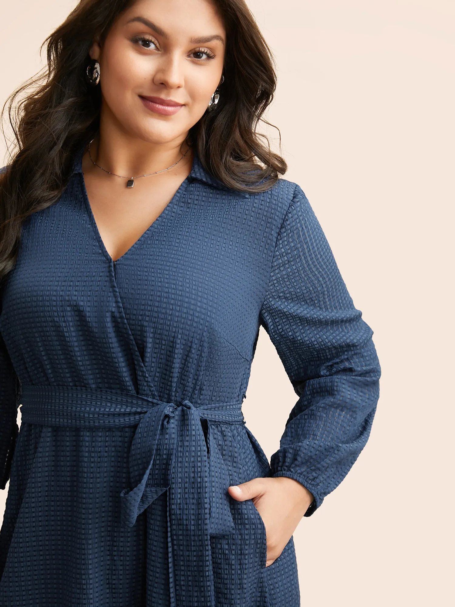 Overlap Collar Plain Textured Midi Dress sold by Bloomchic product image thumbnail 3