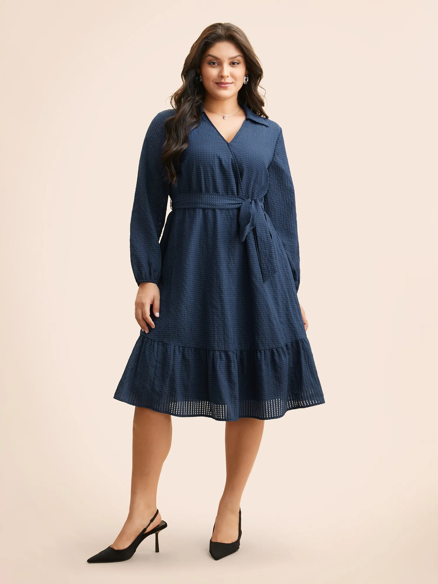Overlap Collar Plain Textured Midi Dress sold by Bloomchic product image thumbnail 2