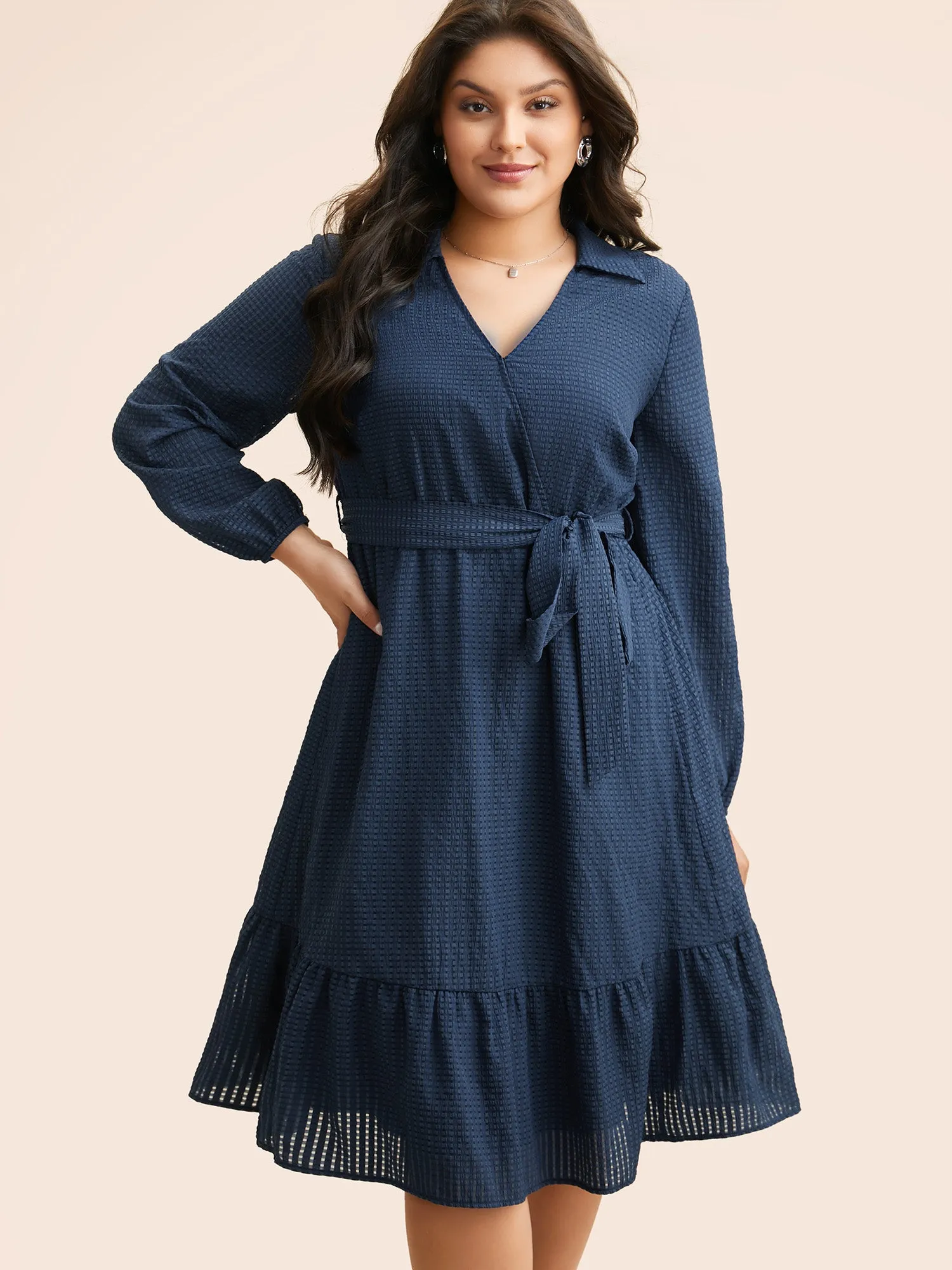 Overlap Collar Plain Textured Midi Dress sold by Bloomchic