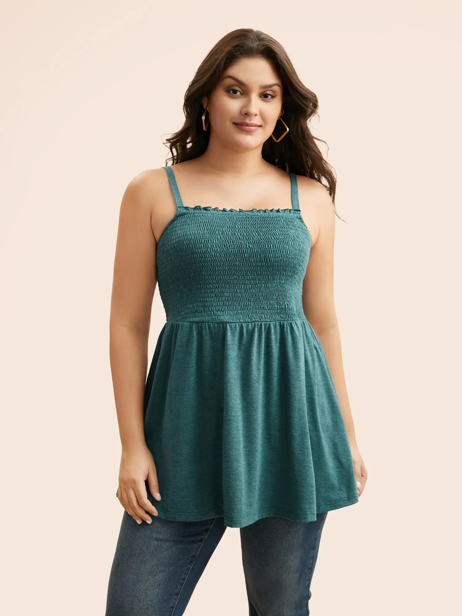 Solid Shirred Frill Trim Cami Top sold by Bloomchic