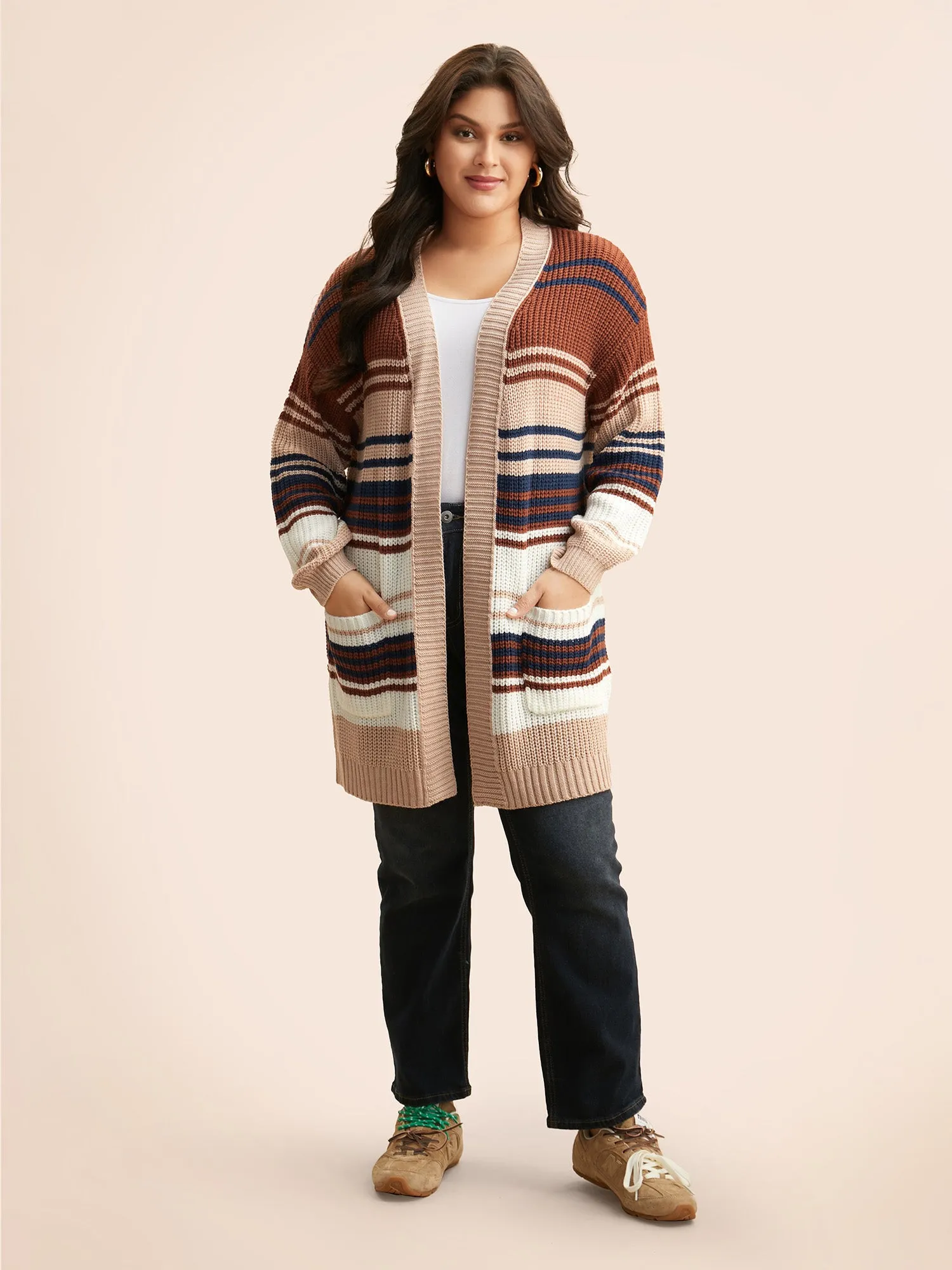 Contrast Striped Pocket Drop Shoulder Cardigan sold by Bloomchic product image thumbnail 2