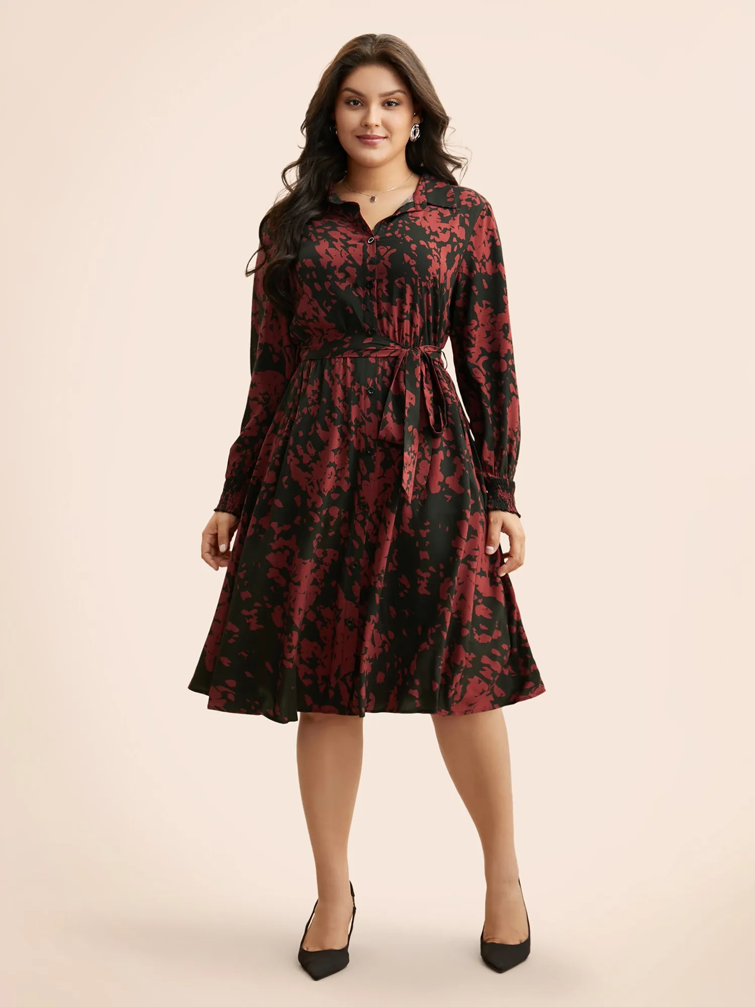Silhouette Floral Print Shirt Collar Belted Dress sold by Bloomchic