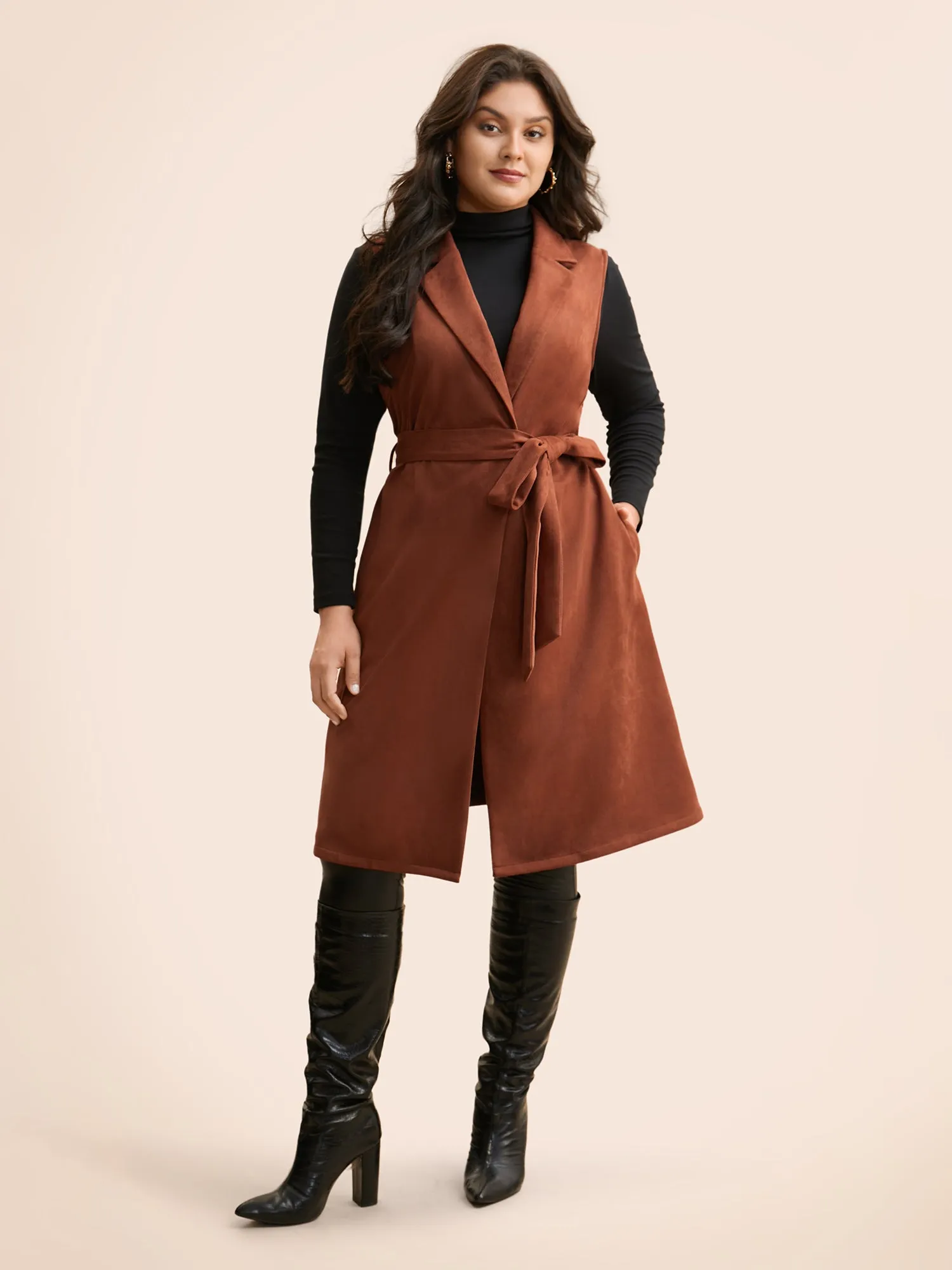 Suit Collar Faux Suede Belted Jacket sold by Bloomchic product image thumbnail 2