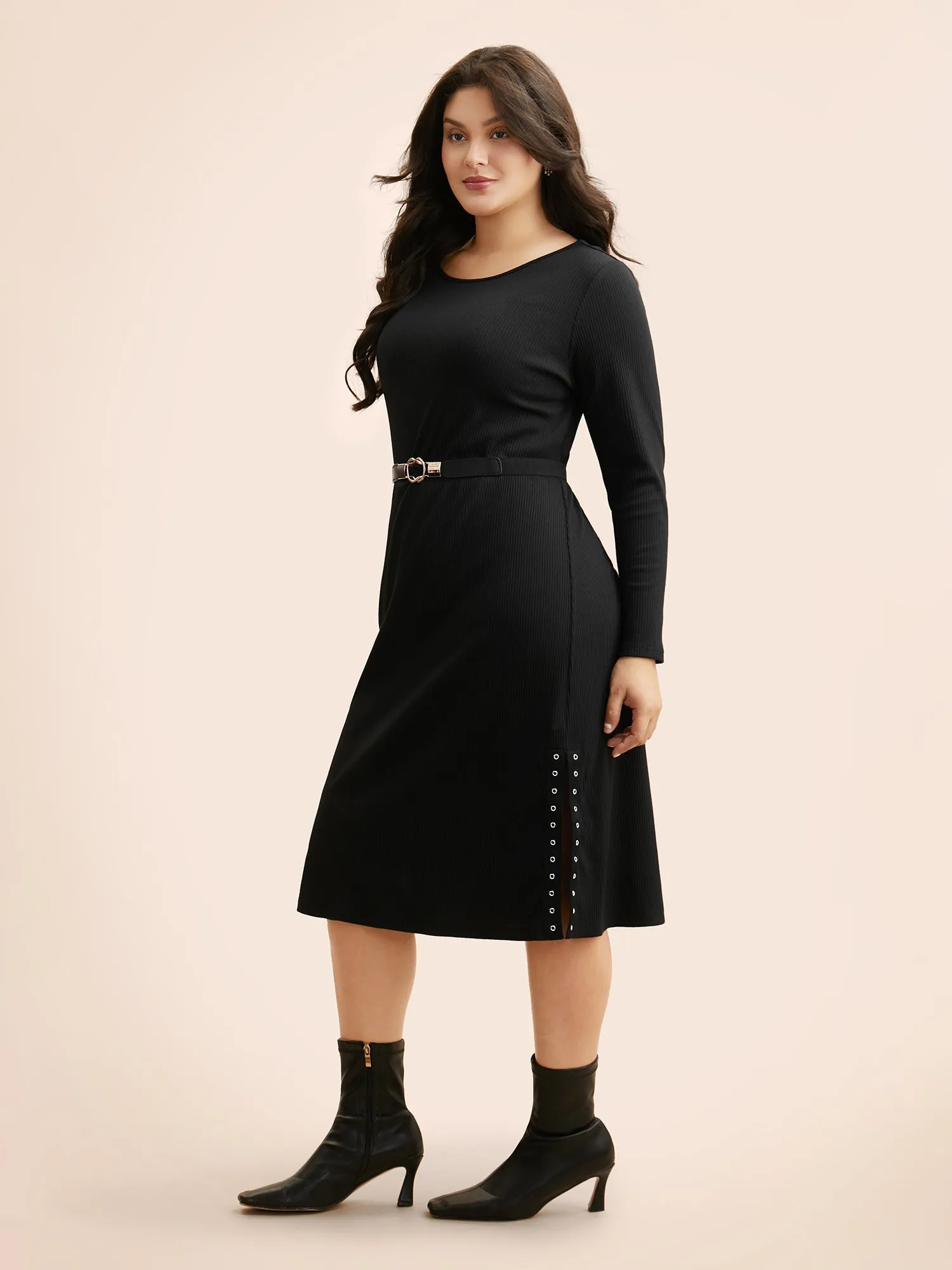 Crew Neck Eyelet Split Hem Dress sold by Bloomchic product image thumbnail 3