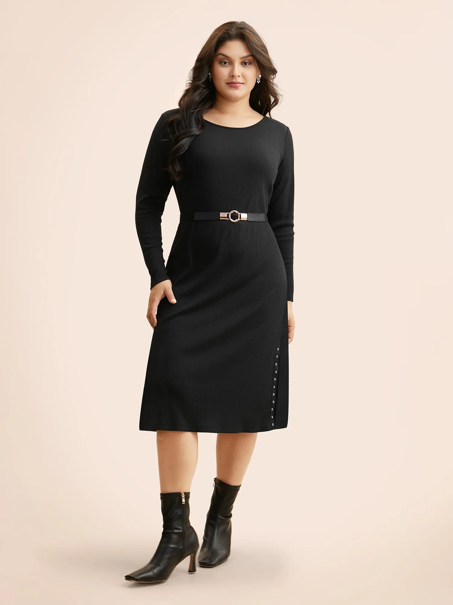 Crew Neck Eyelet Split Hem Dress sold by Bloomchic