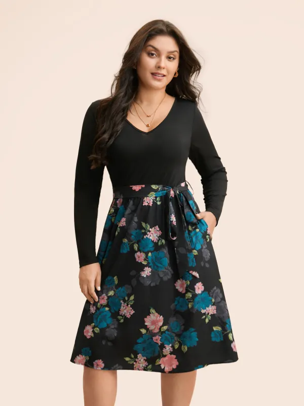 V Neck Floral Patchwork Belted Dress sold by Bloomchic
