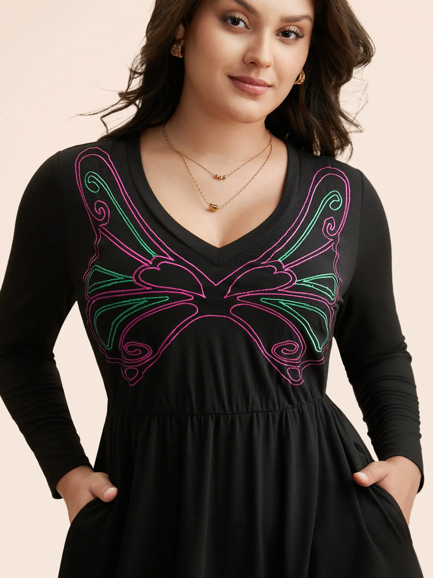 Butterfly Embroidered V Neck Midi Dress sold by Bloomchic product image thumbnail 4