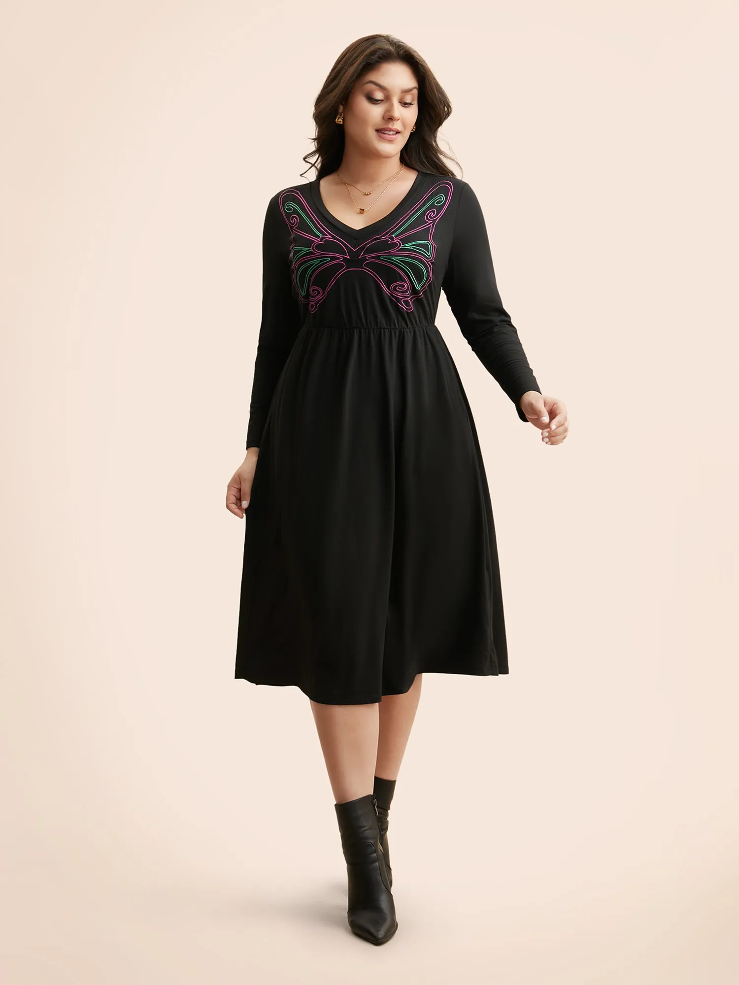 Butterfly Embroidered V Neck Midi Dress sold by Bloomchic product image thumbnail 2