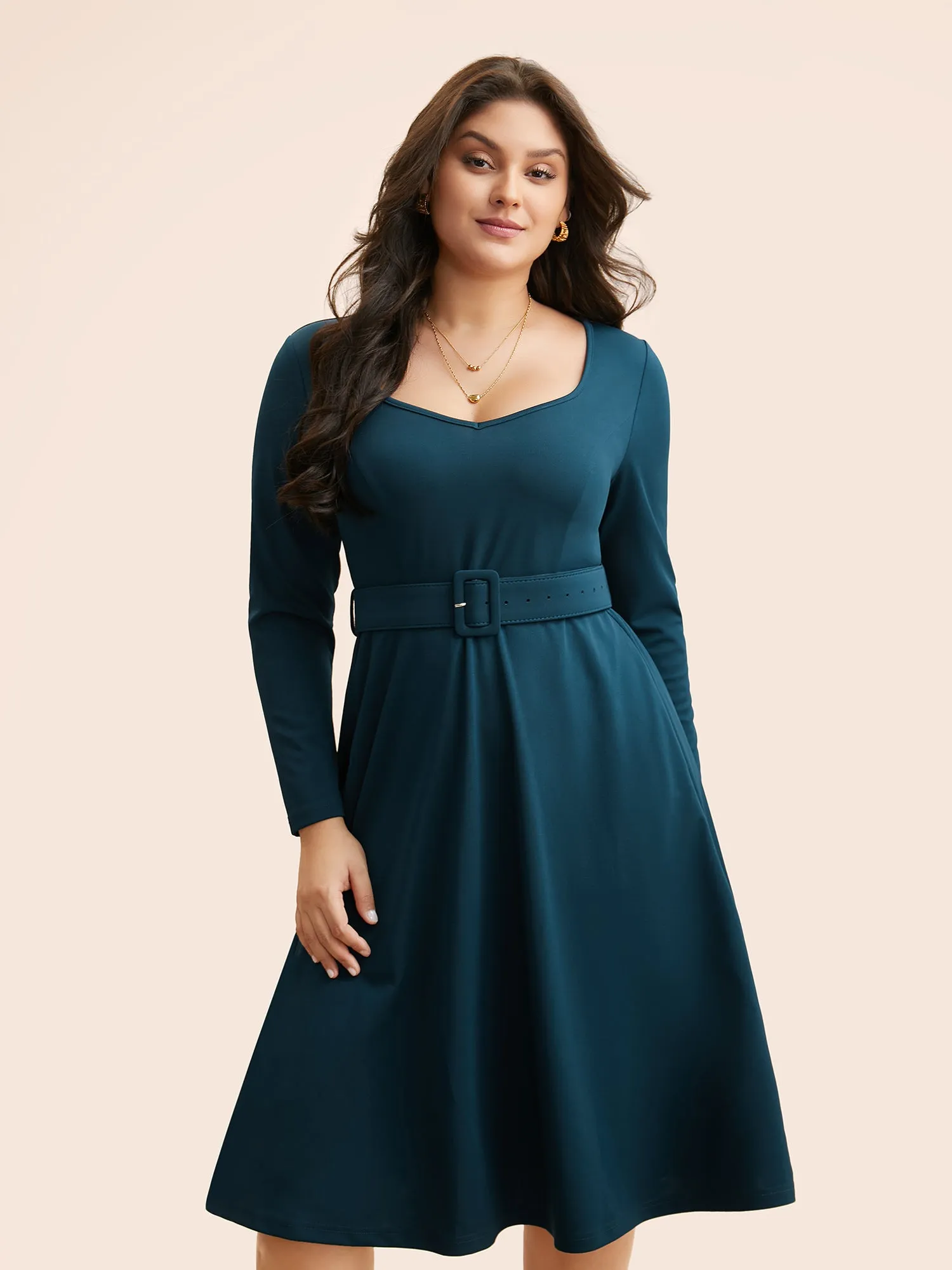 Solid Heart Neckline Belted Dress sold by Bloomchic product image thumbnail 2