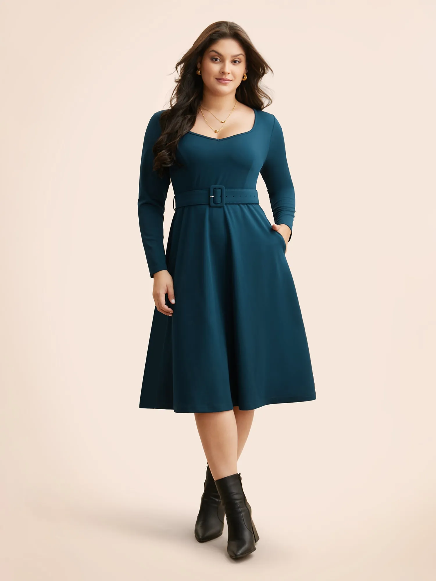 Solid Heart Neckline Belted Dress sold by Bloomchic