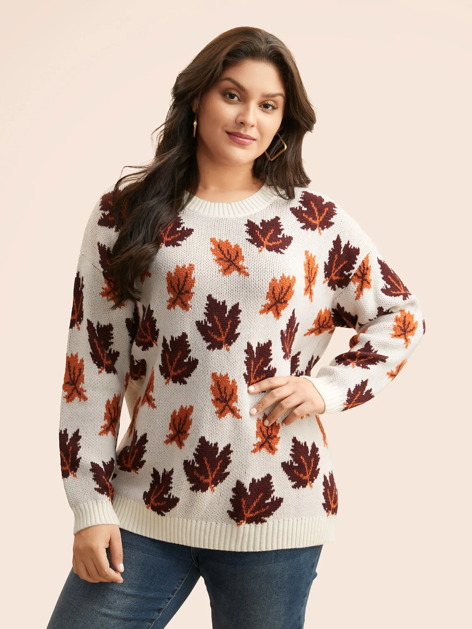 Leaves Jacquard Drop Shoulder Sleeve Pullover sold by Bloomchic